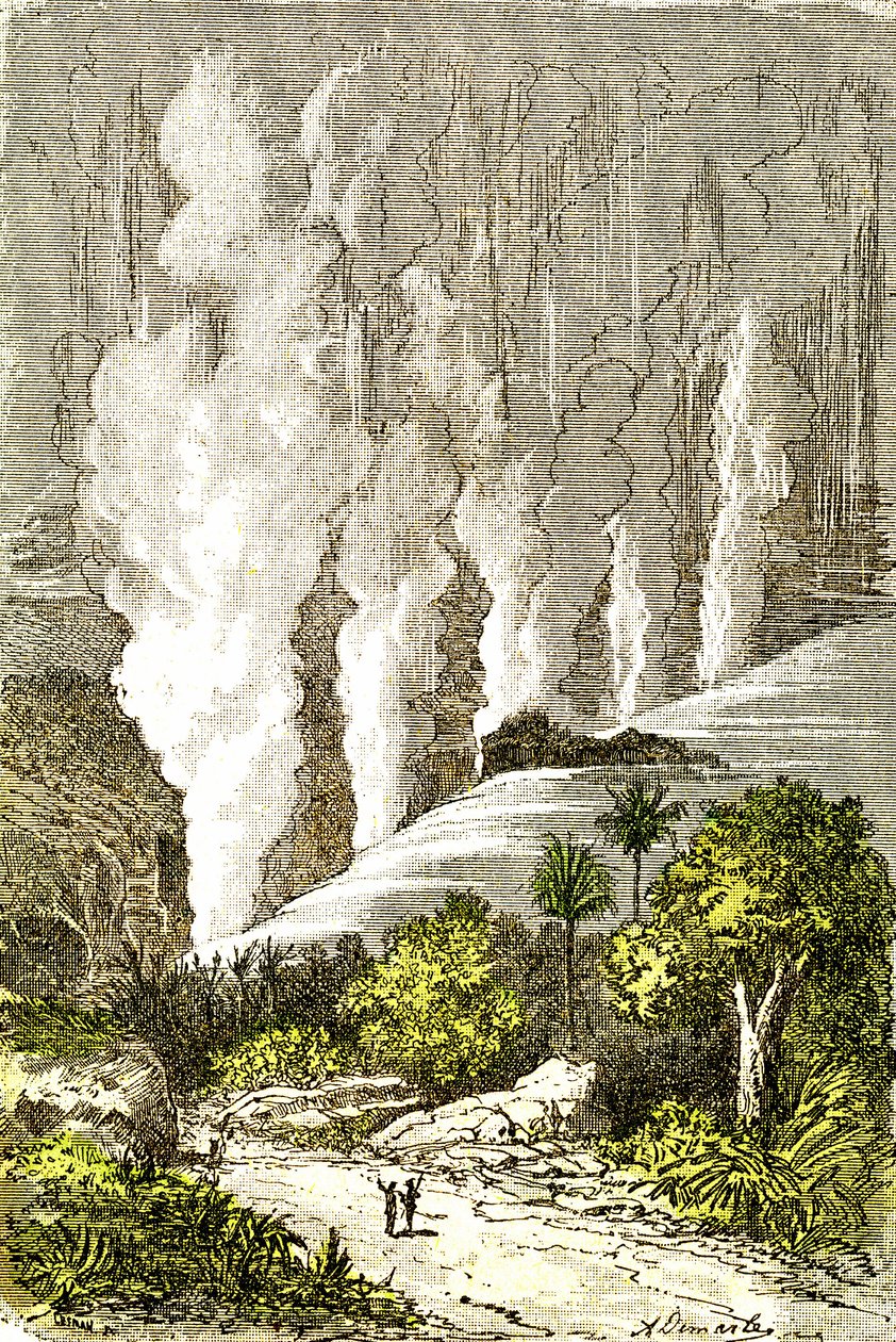 Prehistoria- Cataratas de Zambeze: Creación natural y seres vivos. Dibujo de A. Demarle. 1885 de Alphonse Demarle