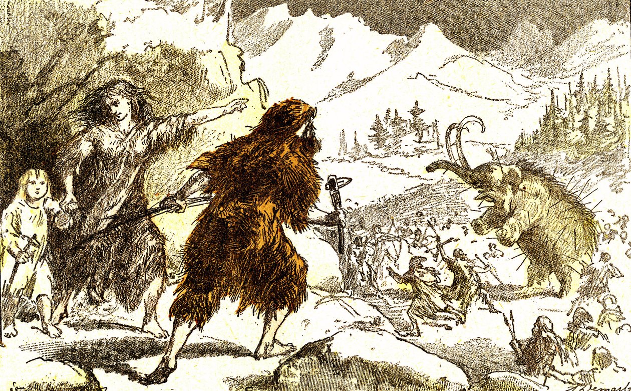 Prehistoria: caza del mamut. Periodo glacial: Creación natural y seres vivos. Dibujo de A. Demarle. 1885 de Alphonse Demarle