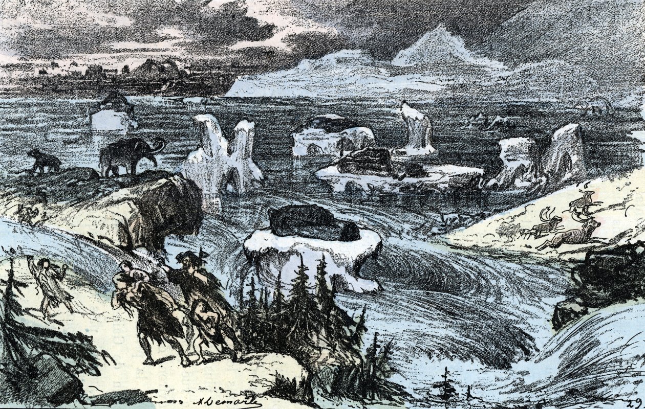 Prehistoria; inundaciones en Europa Central al final de la Edad de Hielo Grabado de "Nature and Man" de Rengade 1881 Colección particular de Alphonse Demarle