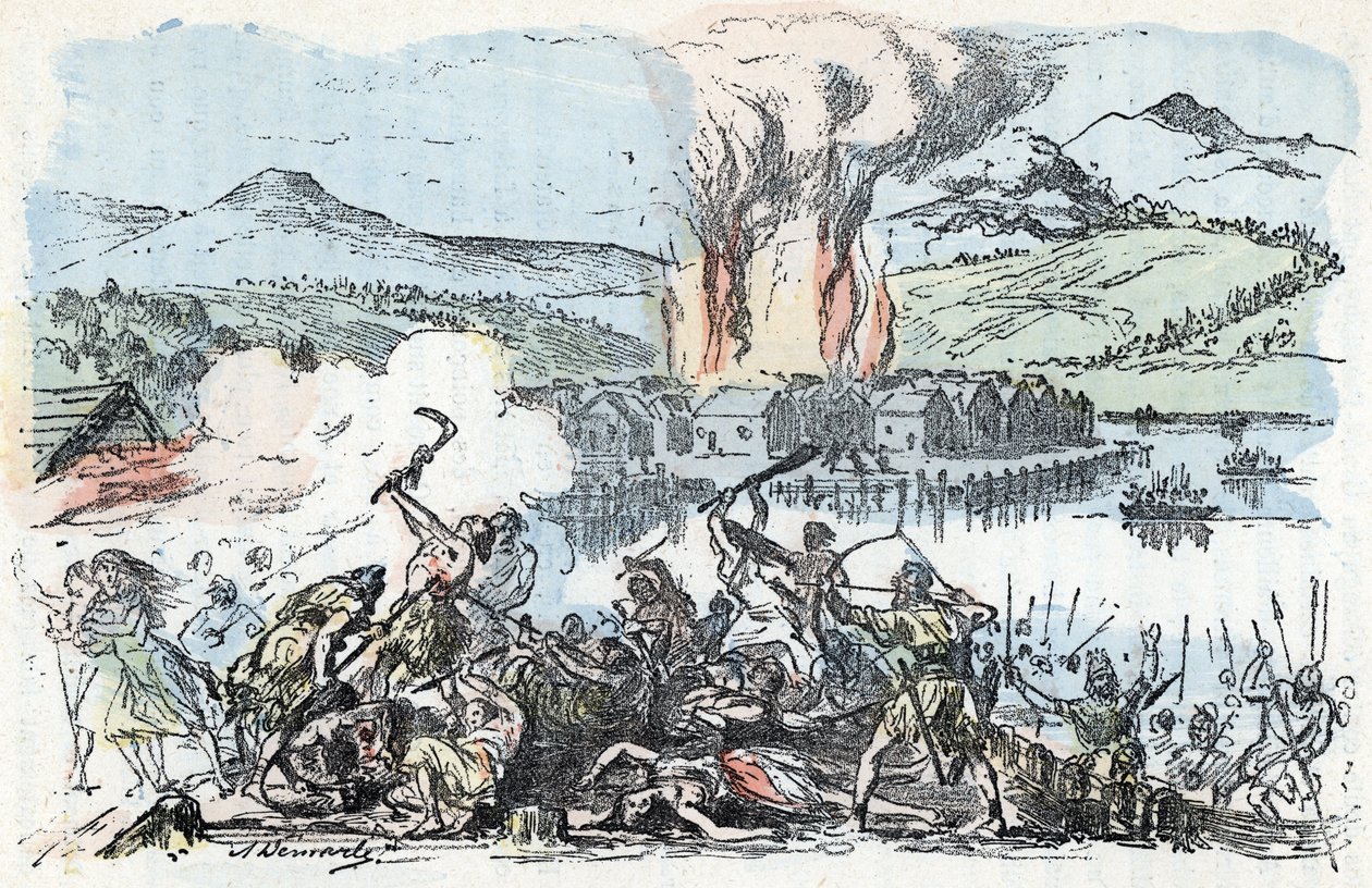 Prehistoria: escena de guerra al principio de la edad de hierro, incendio de los asentamientos de zancos Grabado de "La nature et l