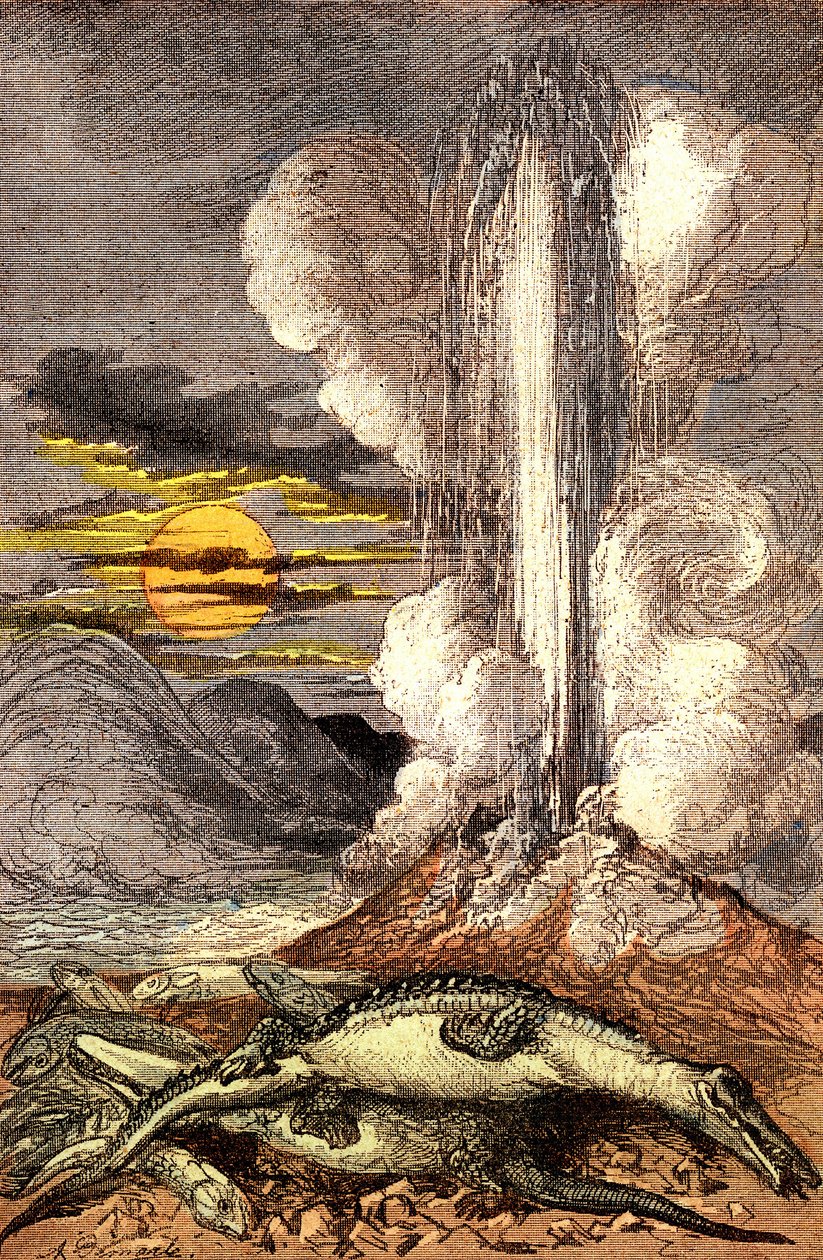 Erupciones venenosas de aguas termales en el período Triásico. Creación y seres vivos (por Jules Rengade). Dibujo de A. Demarle. 1885 de Alphonse Demarle