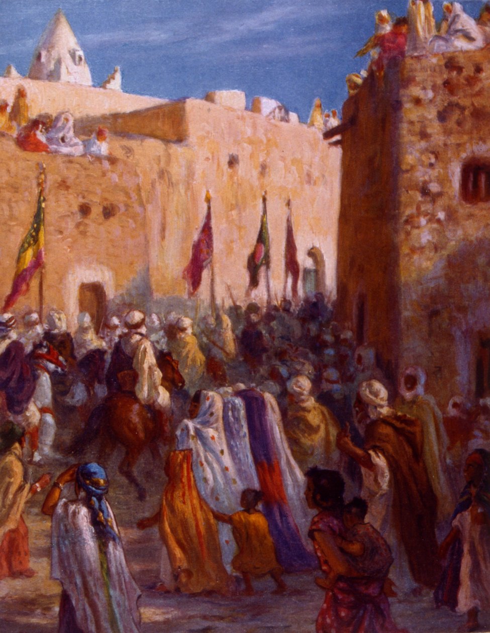 Ilustración de guerreros árabes musulmanes saliendo de una ciudad para embarcarse en la Yihad o Guerra Santa. por Nasreddine Dinet (Alphonse-Étienne Dinet). 1861 1929. Pintor orientalista francés. 1918. de Alphonse Etienne Dinet