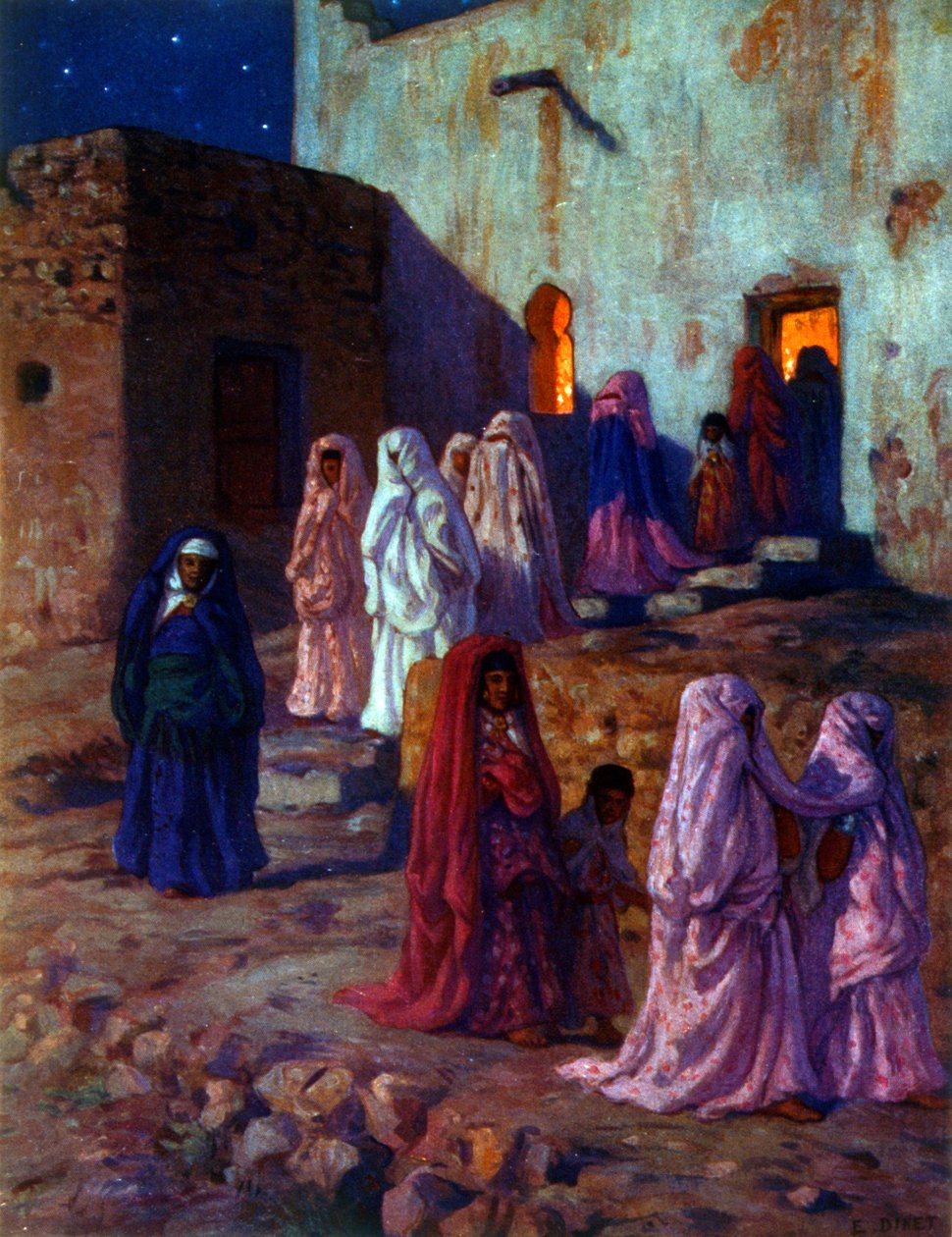 Ilustración de mujeres árabes musulmanas celebrando el Mawlid (Nacimiento del Profeta), la festividad del profeta islámico Mahoma. Por Nasreddine Dinet (Alphonse-Étienne Dinet). 1861 1929. Pintor orientalista francés. 1918. de Alphonse Etienne Dinet