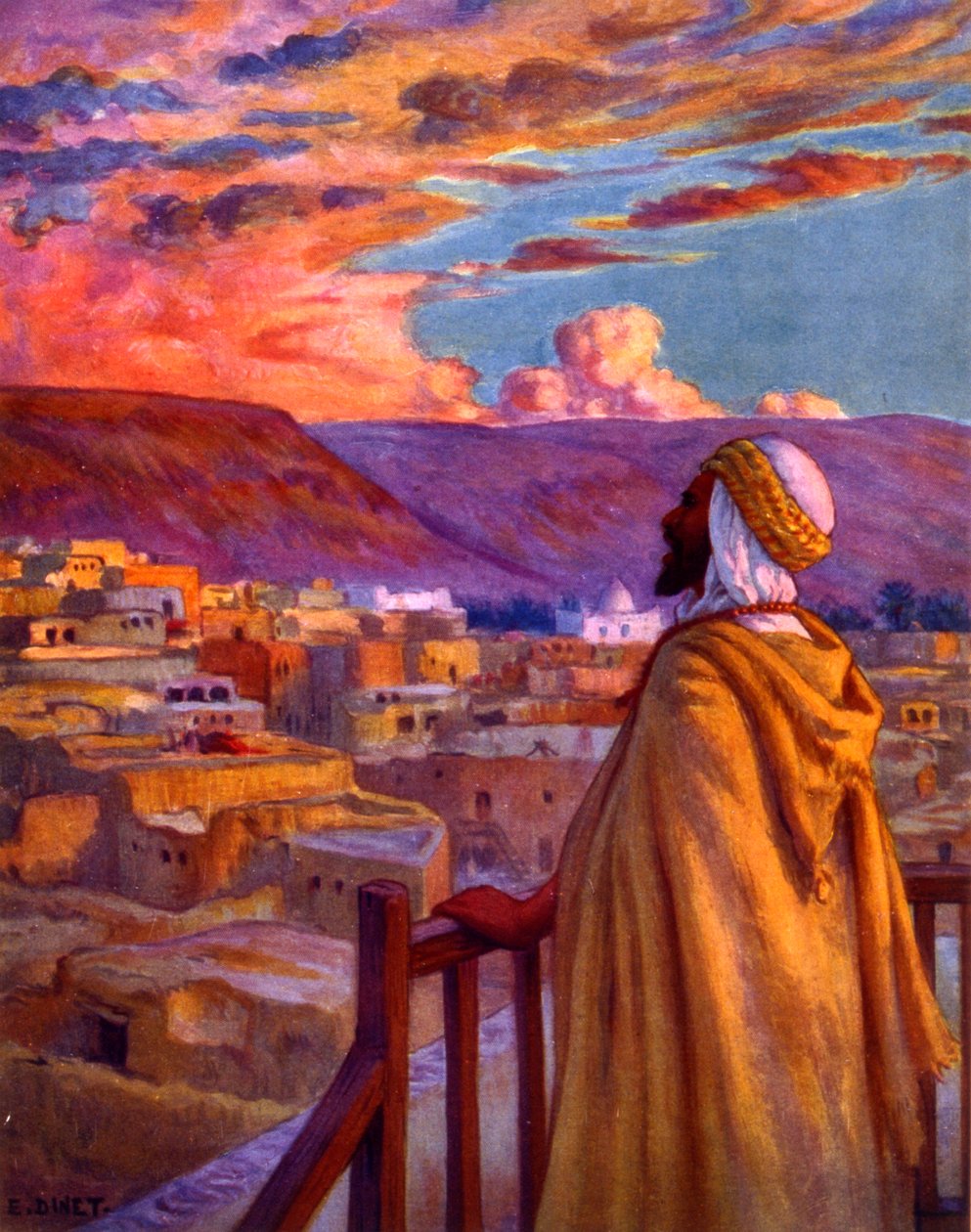 Muecín llamando a los fieles a la oración en un pueblo del desierto. por Nasreddine Dinet (Alphonse-Étienne Dinet). 1861 1929. pintor orientalista francés 1918 de Alphonse Etienne Dinet