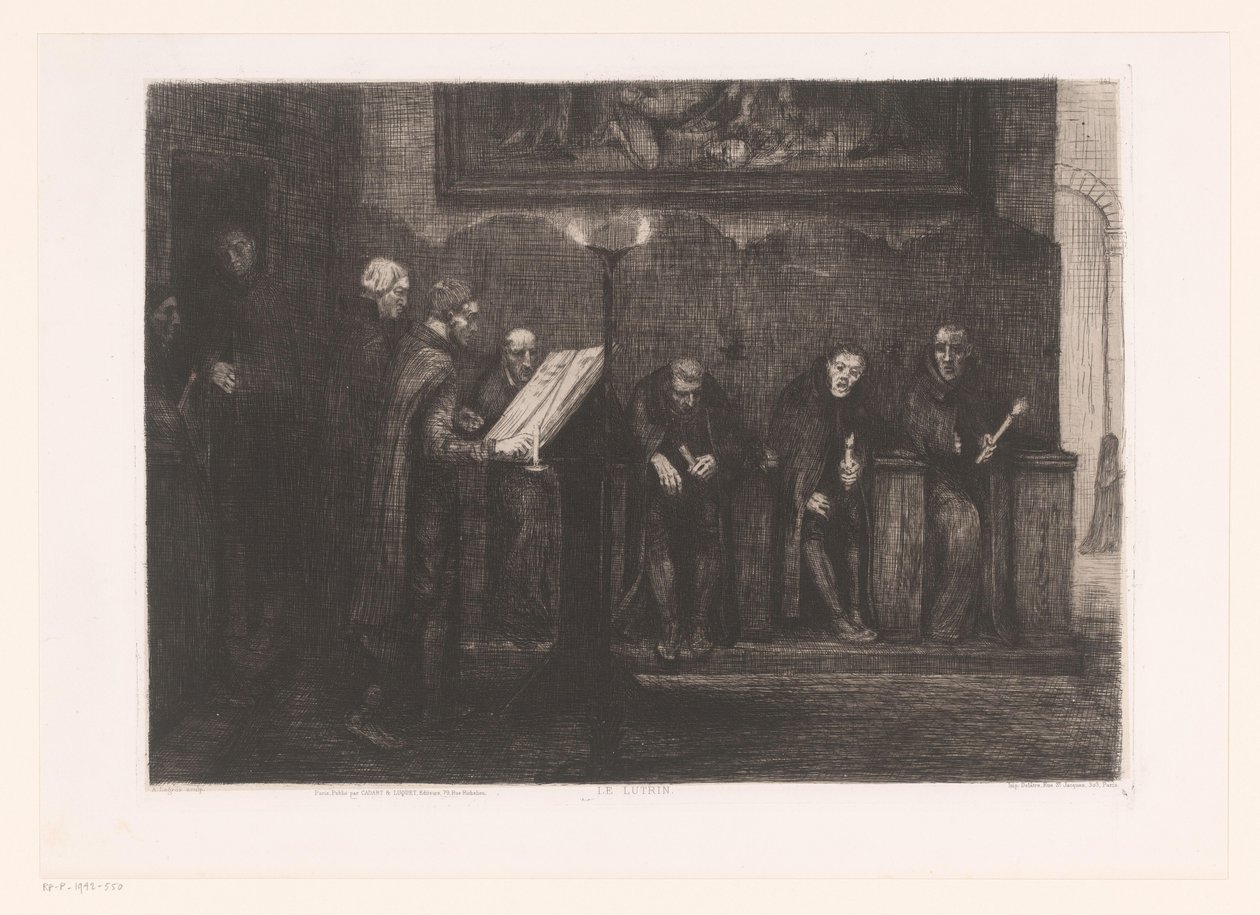 Ocho hombres alrededor de un atril Le lutrin (título sobre objeto) de Alphonse Legros