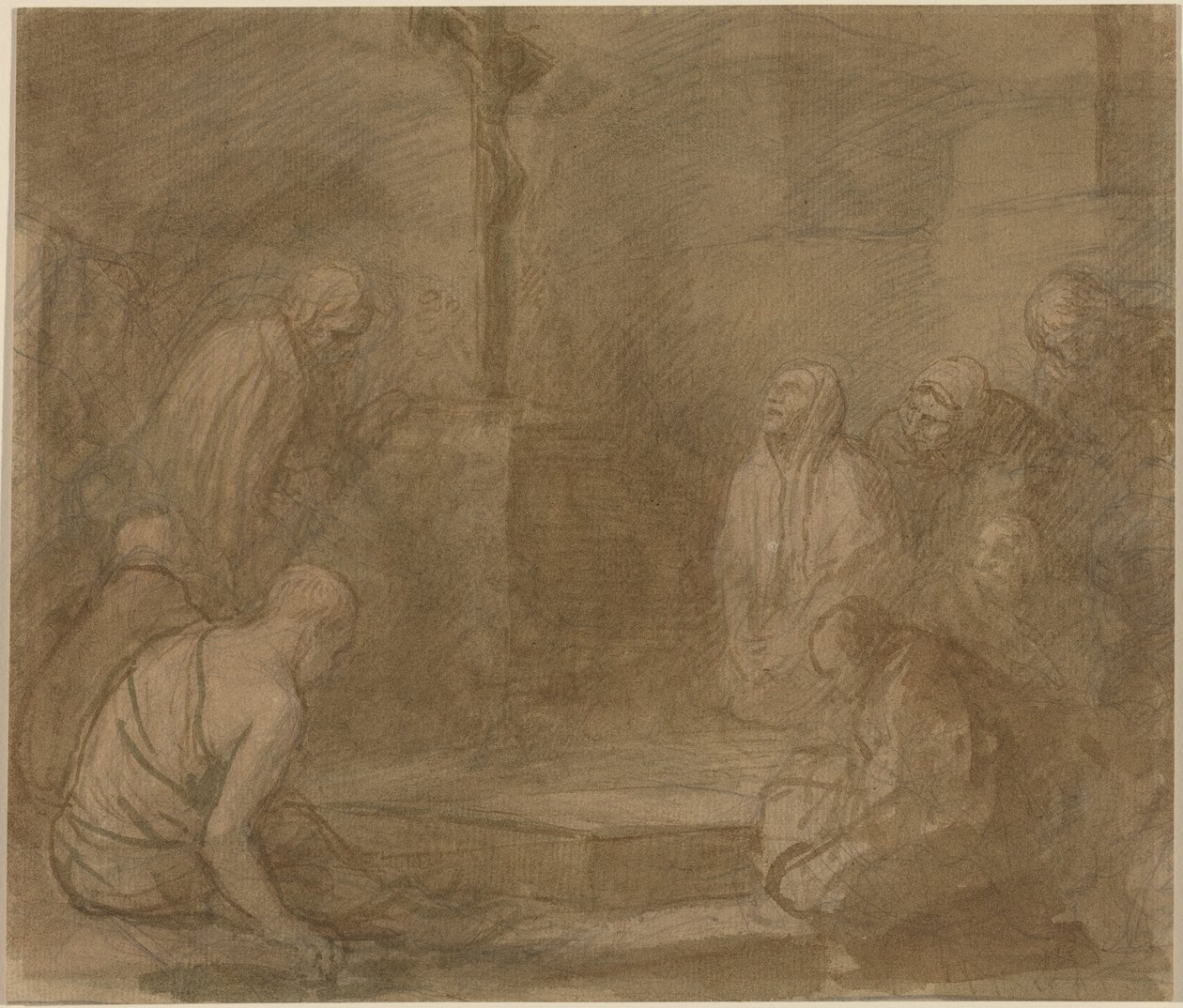 Al pie de la cruz (pluma y tinta marrón con aguada marrón sobre grafito sobre papel verjurado) de Alphonse Legros