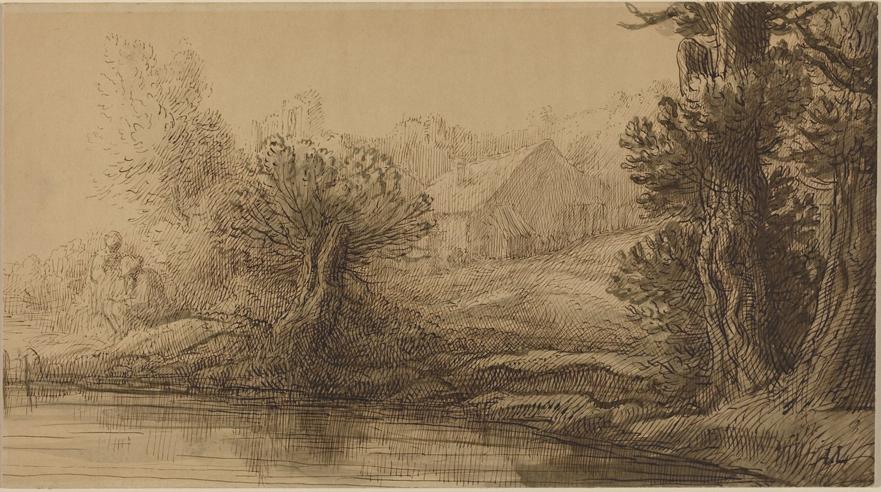 Orilla de un río (pluma y tinta marrón con aguada marrón sobre cartón) de Alphonse Legros