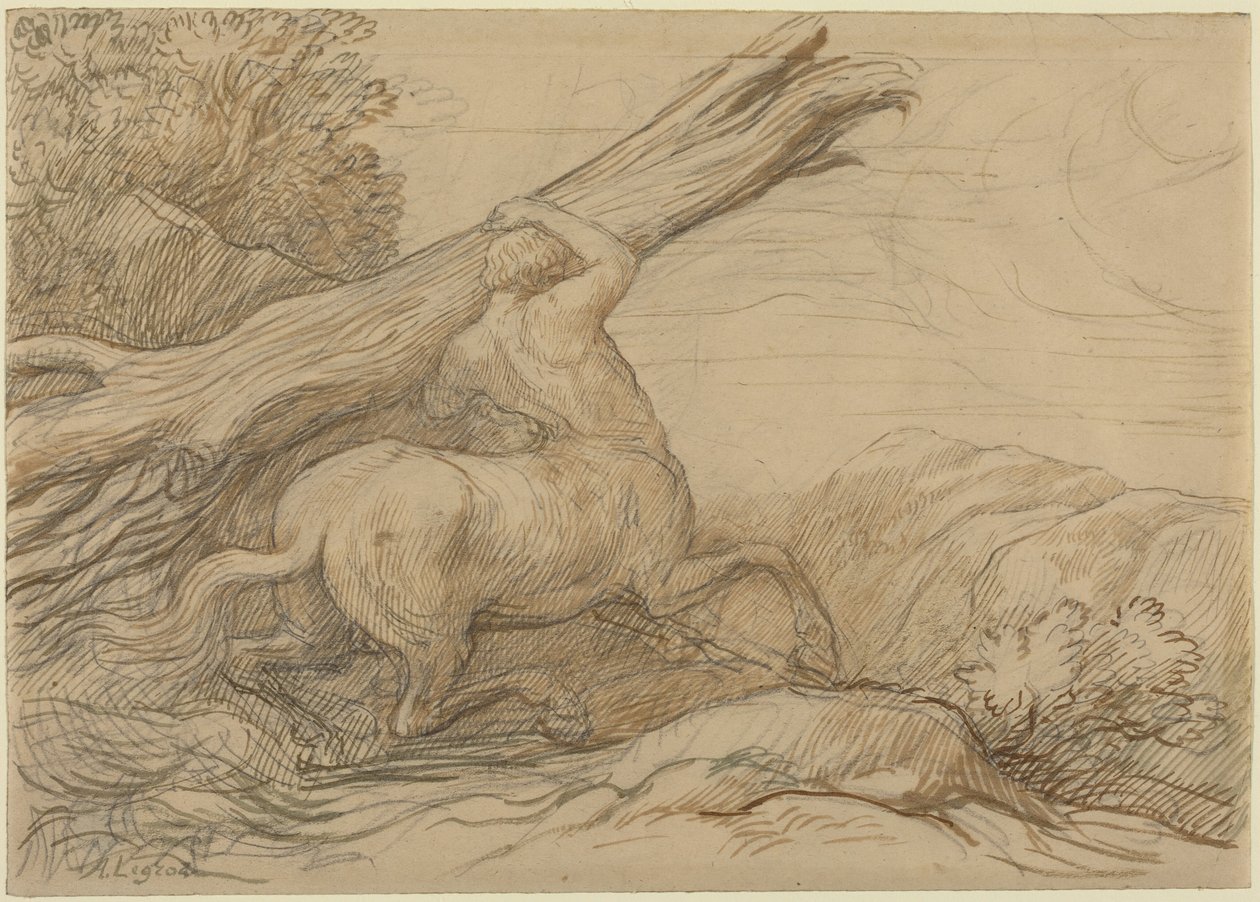 Centauro que lleva un tronco de árbol (tinta marrón y verde sobre grafito) de Alphonse Legros