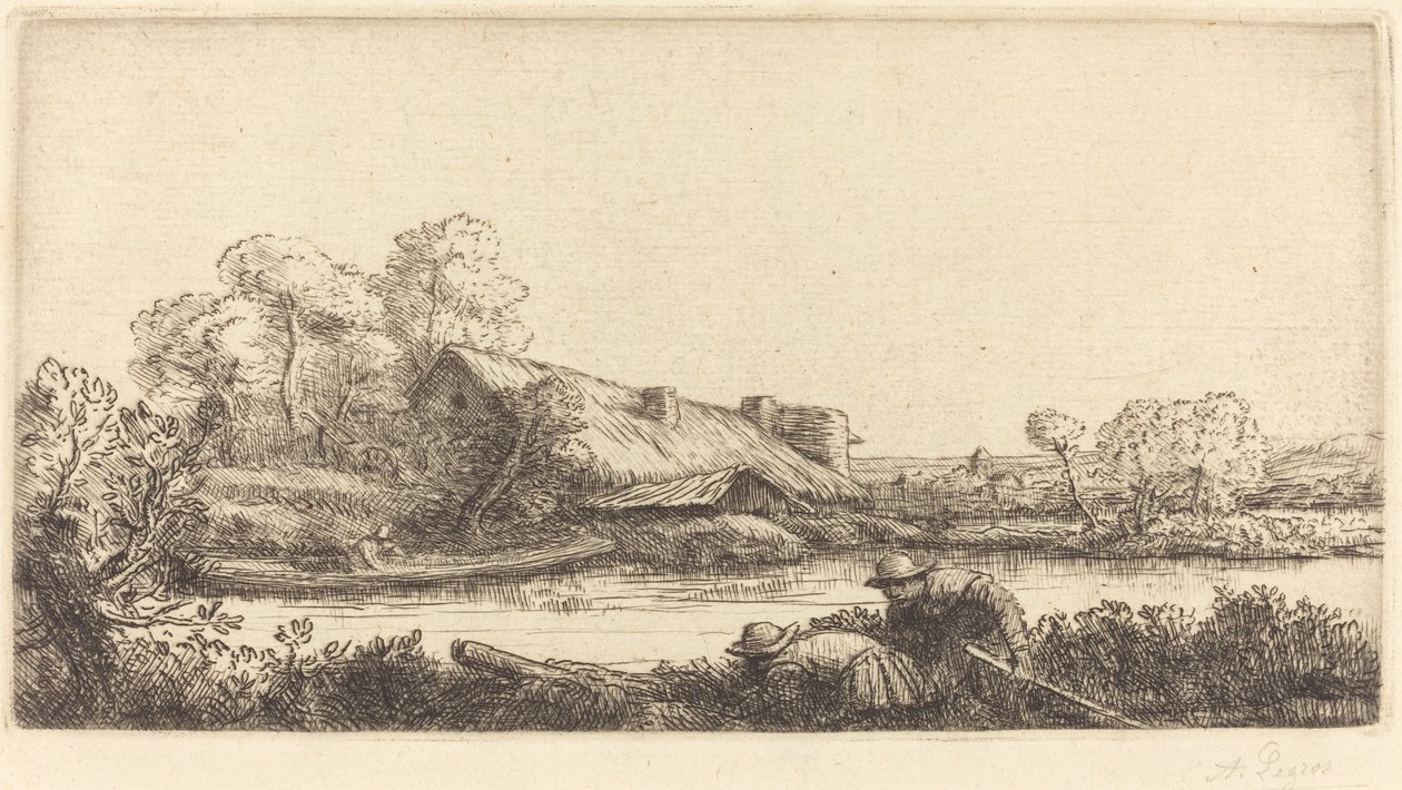 Granja junto al río vista con luz de la tarde de Alphonse Legros