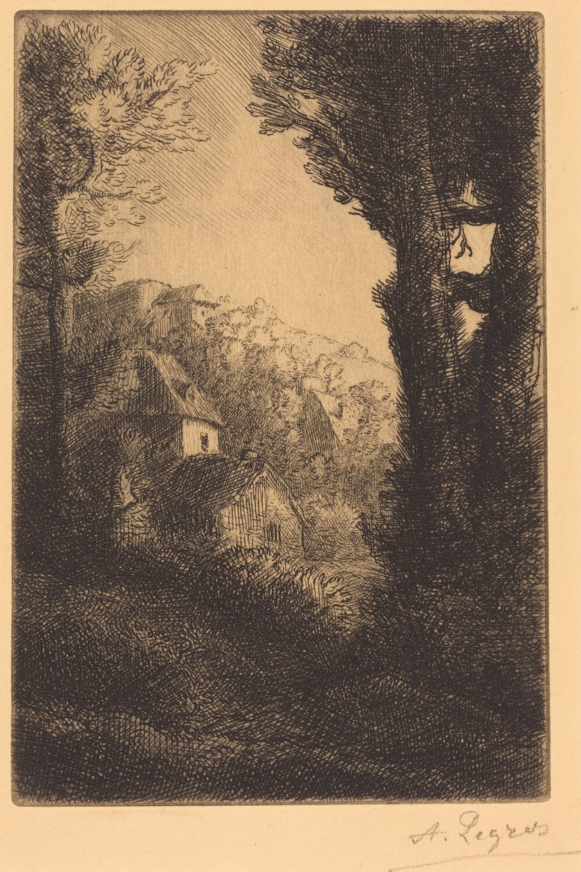 Granja en una ladera al sol (La granja de la ladera; Efecto de sol en la ladera) de Alphonse Legros