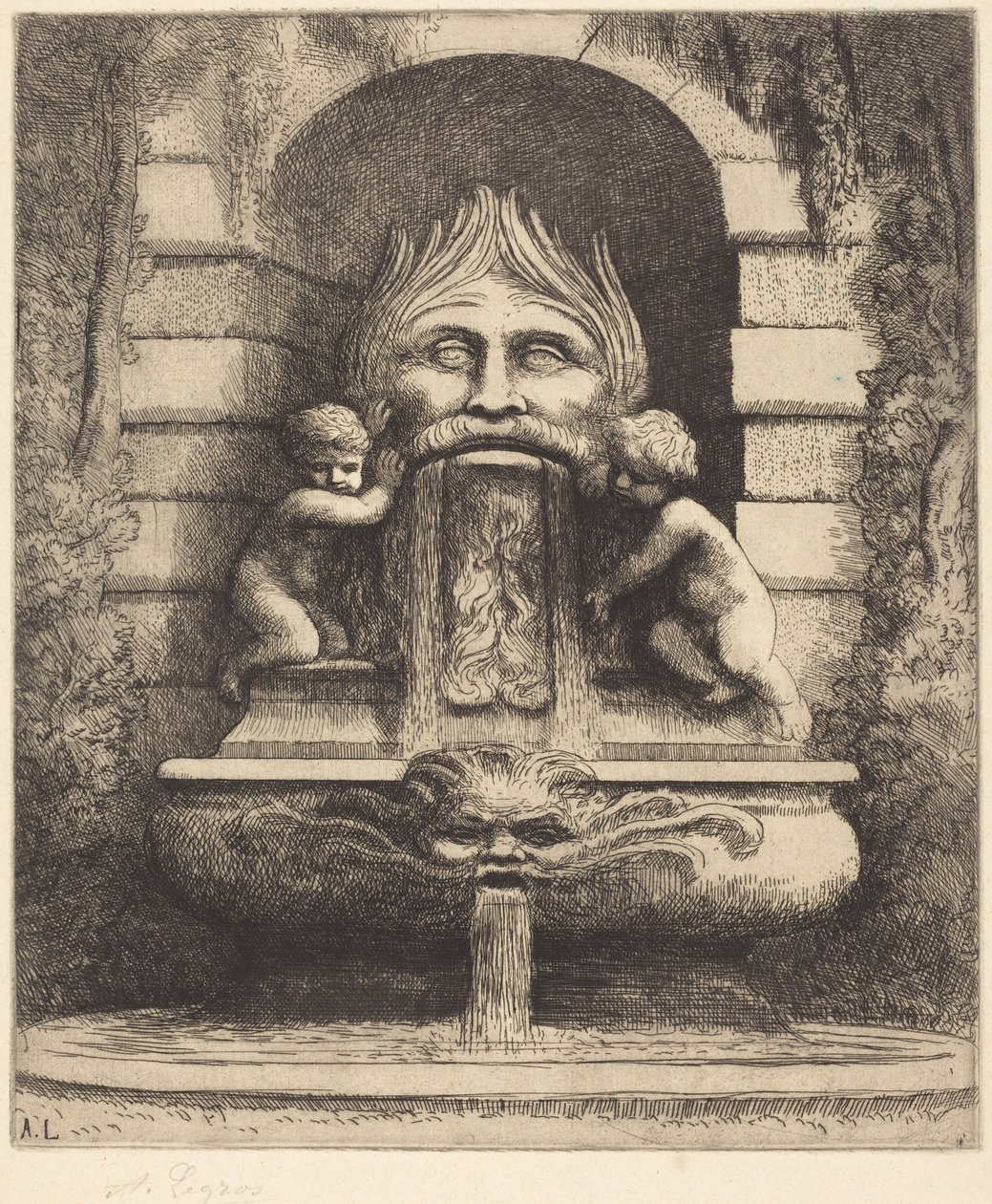 Fuente: Máscara, niños y pileta (Una fuente: Máscara, niños y pileta) de Alphonse Legros