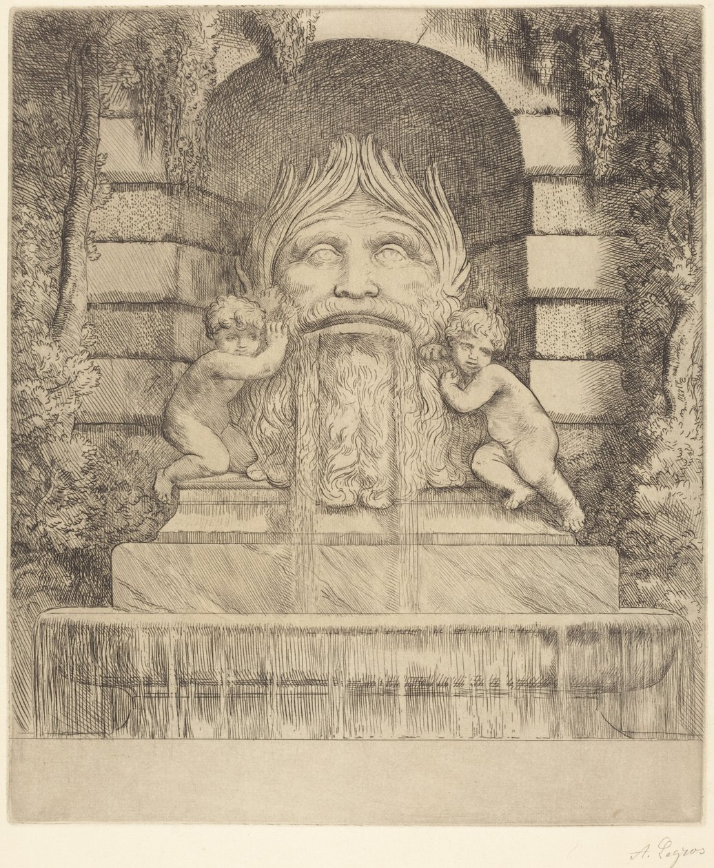 Fuente: máscara grotesca, niños y pilón de Alphonse Legros
