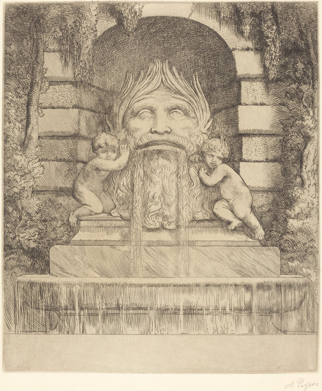 Fuente: Grotesco, Niños y Cuenca Une fountaine: Masque, enfants et bassin de Alphonse Legros