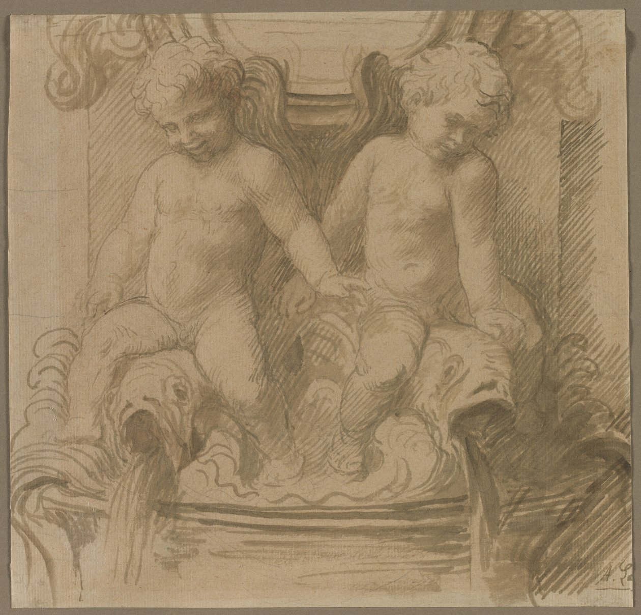 Fountain with Putti Riding Dolphins de Alphonse Legros