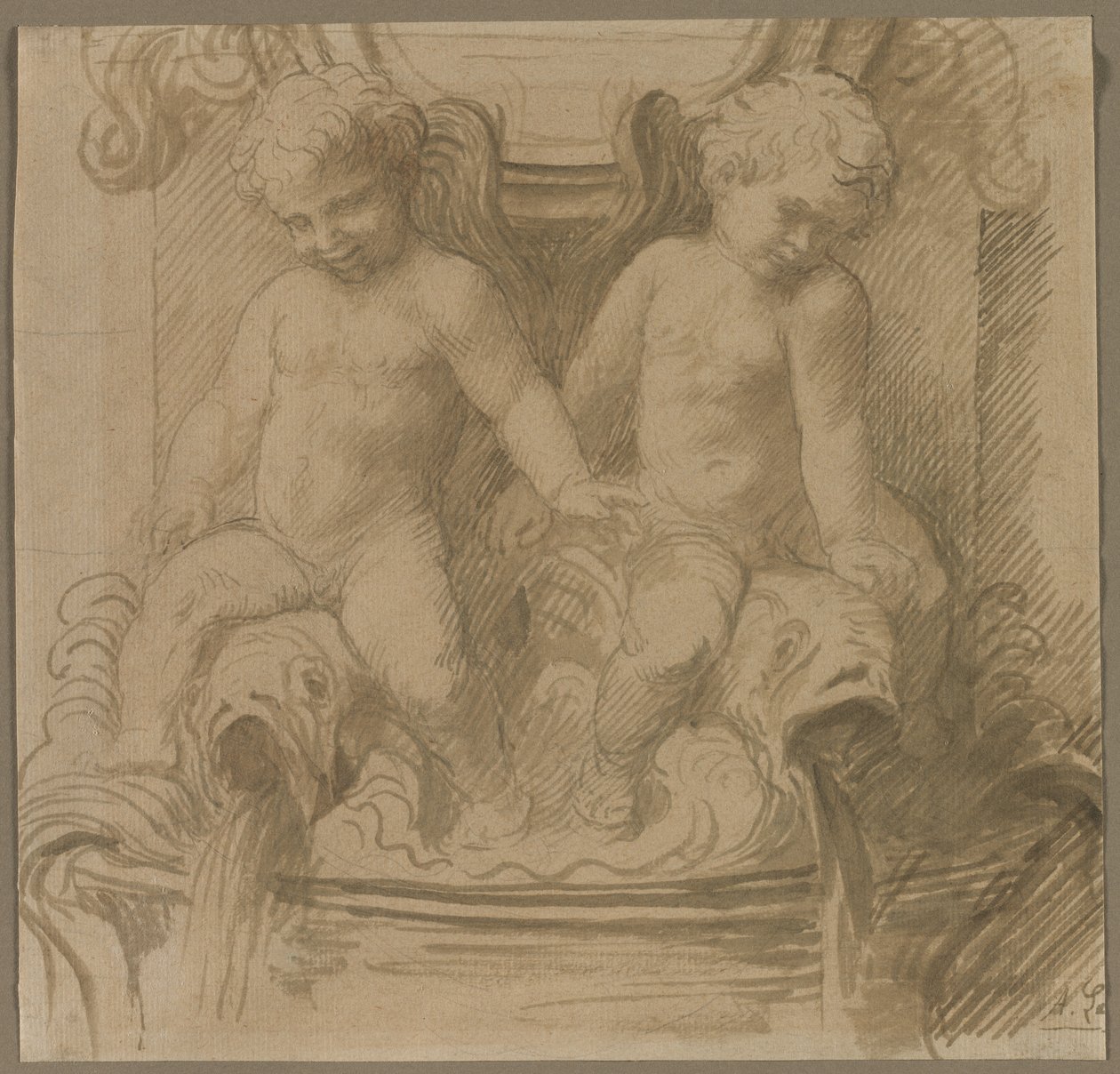 Fuente con putti montando delfines, última mitad del siglo XIX de Alphonse Legros