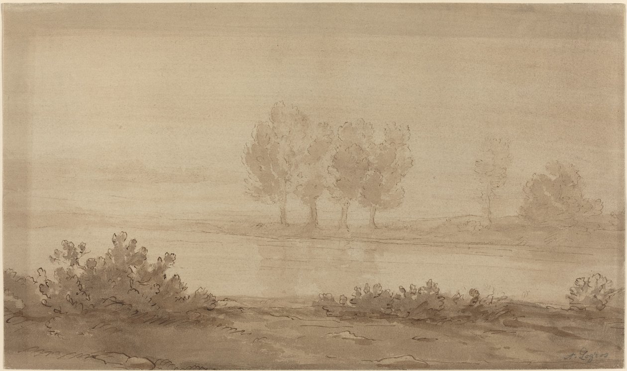 Paisaje - Cuatro Árboles más allá de un Río de Alphonse Legros