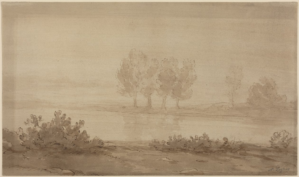 Paisaje - cuatro árboles al otro lado de un río de Alphonse Legros