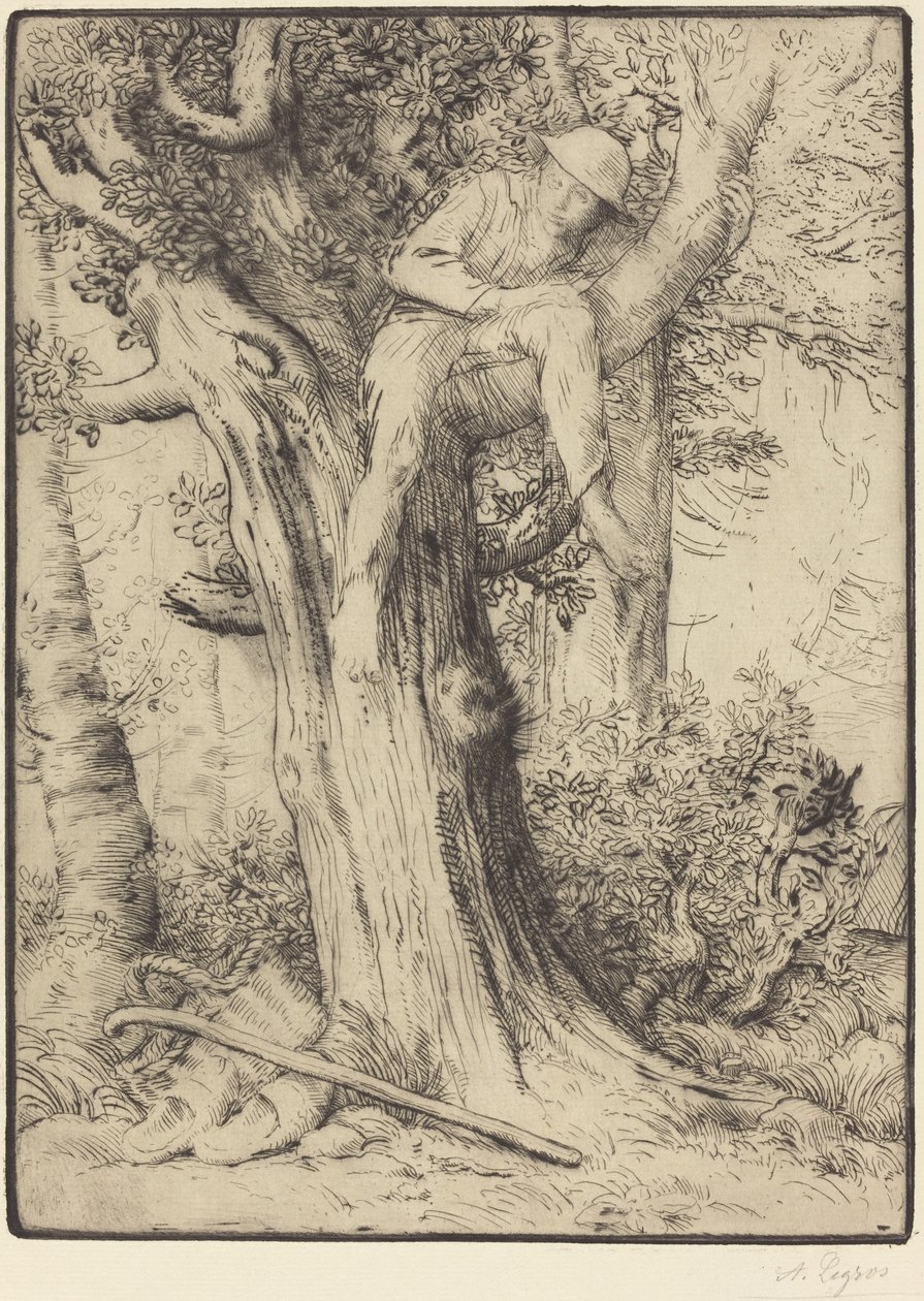 Paisaje con un niño en un árbol (detalle) de Alphonse Legros