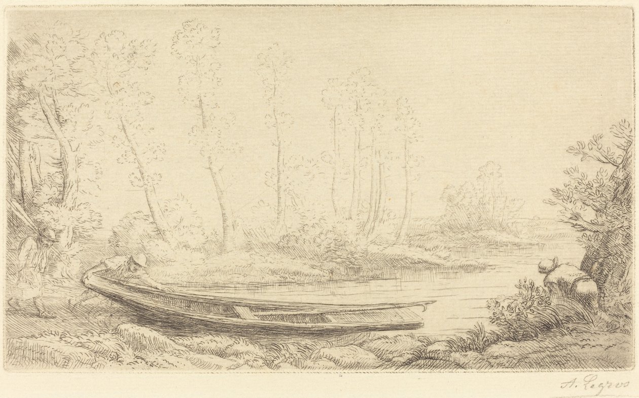 Hombre con una pértiga, figura a la derecha Pecheurs des truites de Alphonse Legros