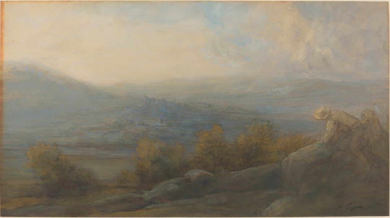 Paisaje montañoso con dos figuras a la derecha de Alphonse Legros