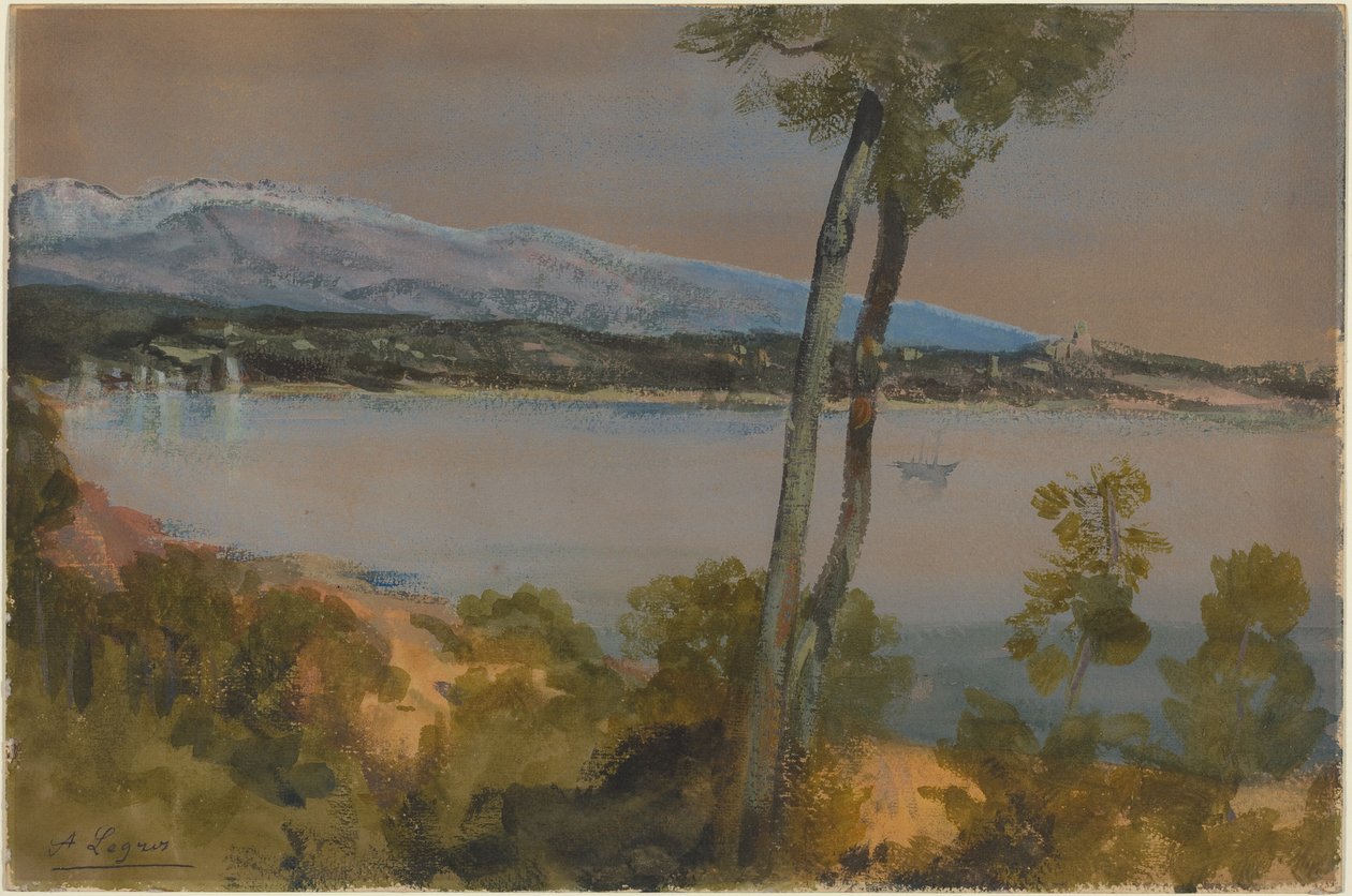 Montañas que se divisan más allá de un lago de Alphonse Legros