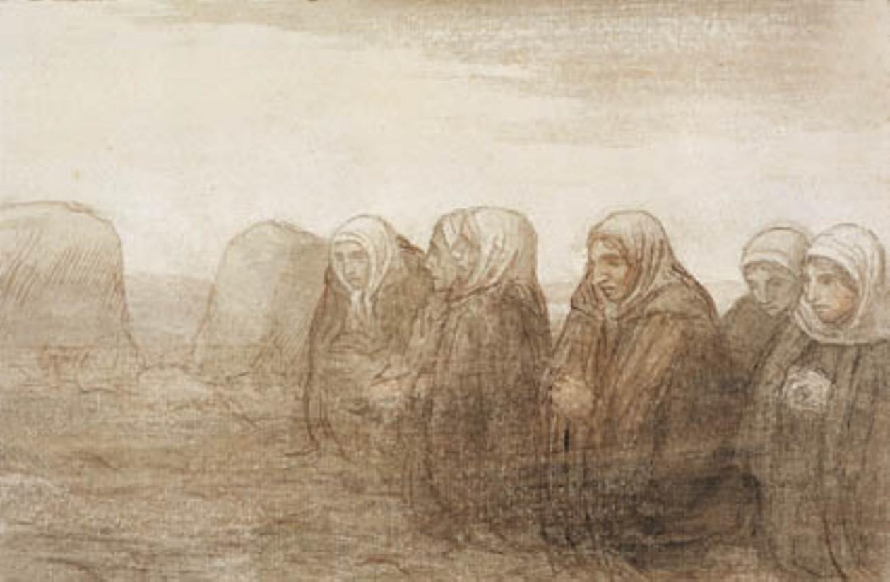 Seis campesinas rezando en un campo de otoño de Alphonse Legros