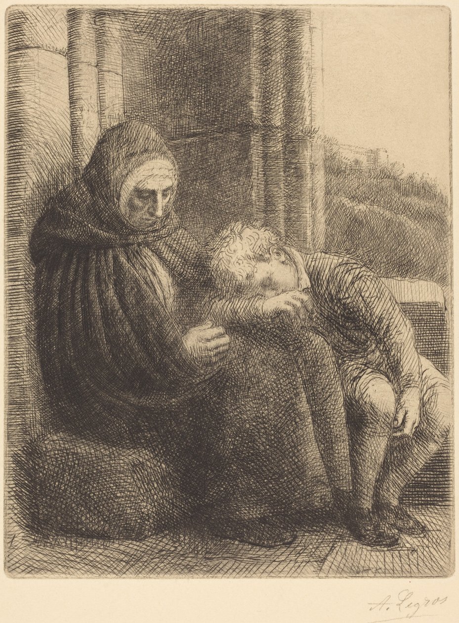 Mujer sentada junto a una pared, niño con la cabeza en su regazo (Mujer sentada, con una pared al fondo, niño con la cabeza en su regazo) de Alphonse Legros