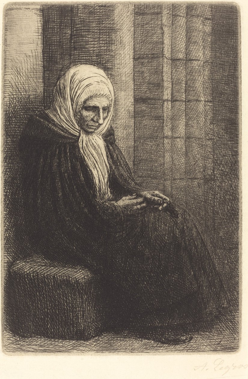 Mujer sentada contra una pared, niño con la cabeza en su regazo de Alphonse Legros