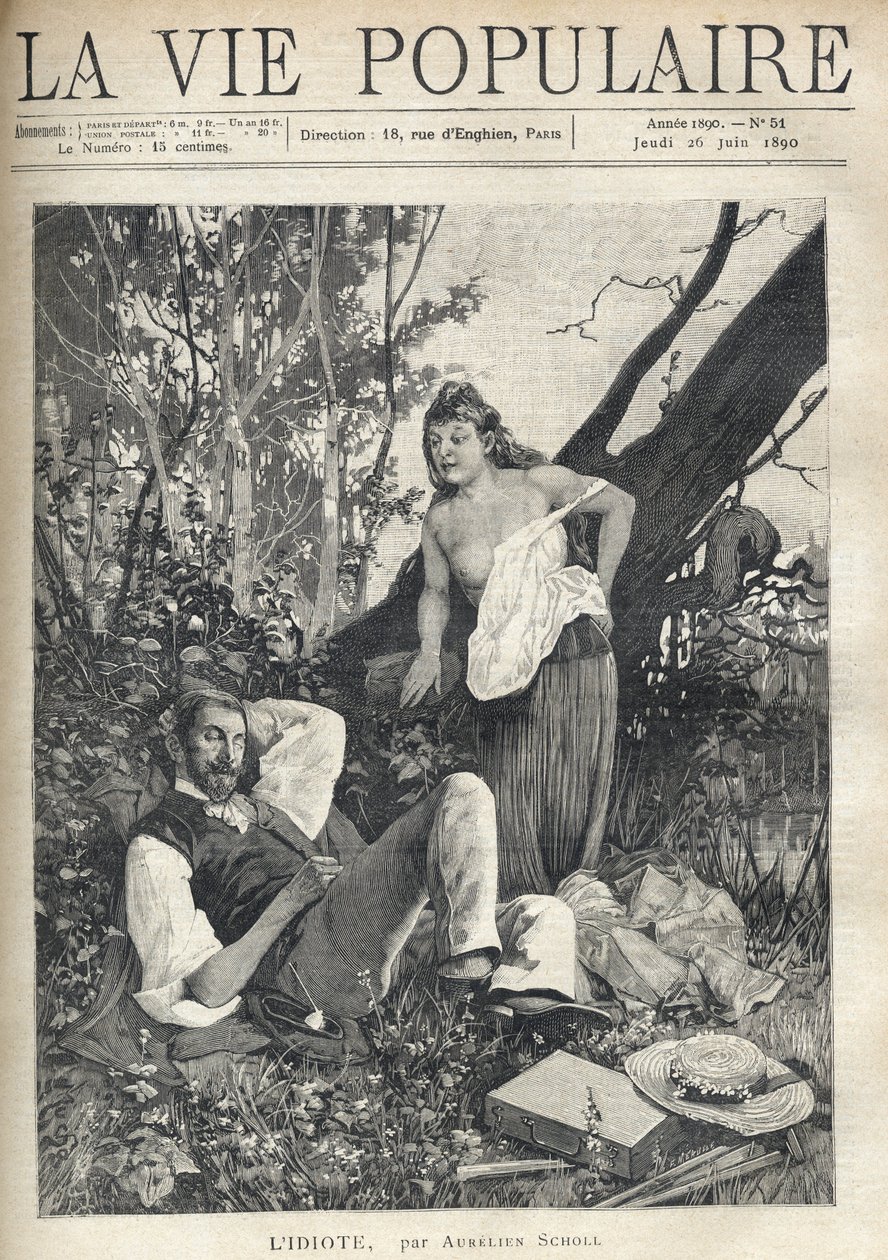 Una joven, despeinada, desnuda, con el pecho aparente, se inclina con confianza y diversión hacia un pintor acostado, durmiendo en medio de la naturaleza, con chaqueta, sombrero, material y pipa esparcidos en el suelo. Ilustración de Alfons Maria Mucha (Al de Alphonse Mucha