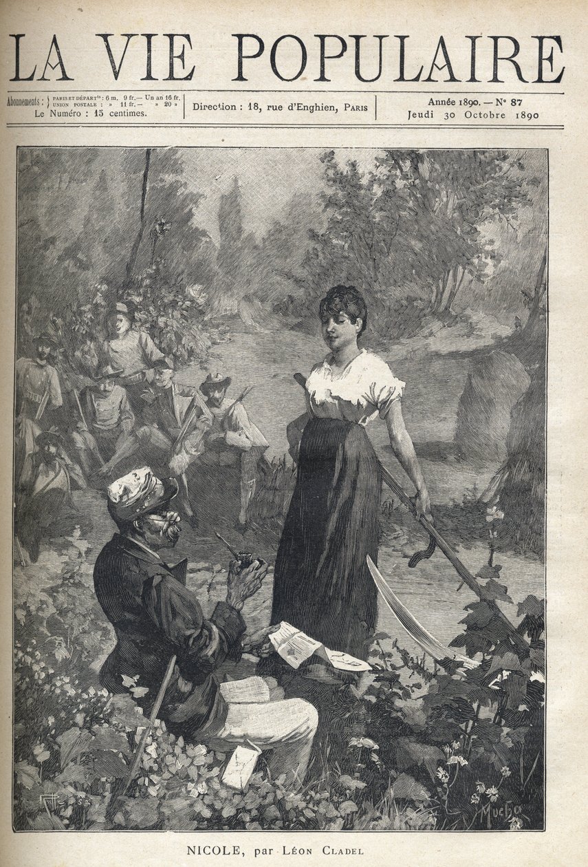 Un anciano lee una carta a una hermosa joven campesina que sostiene una hoz. Cazadores observan la escena a lo lejos. Ilustración de Alfons Maria Mucha de Alphonse Mucha
