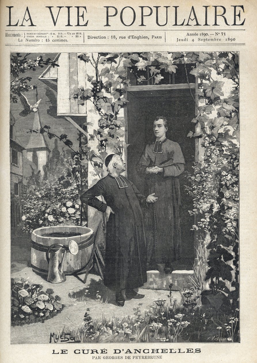 A la entrada del presbiterio, un tratamiento se dirige a una persona más joven. El jardín está muy florecido, equipado con un tanque y una regadera, al fondo se puede ver el campanario del pueblo. Ilustración de Alfons Maria Mucha (Alphonse Marie Mucha) de Alphonse Mucha