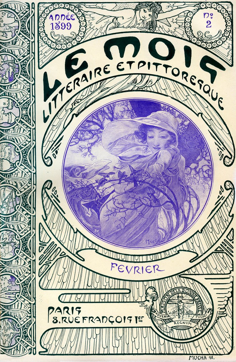 Portada de la revista (revista mensual) Le Mois littéraire et picturesque por Alphonse Mucha: mes de febrero de 1899 - Maison de la Bonne Presse - de Alphonse Mucha
