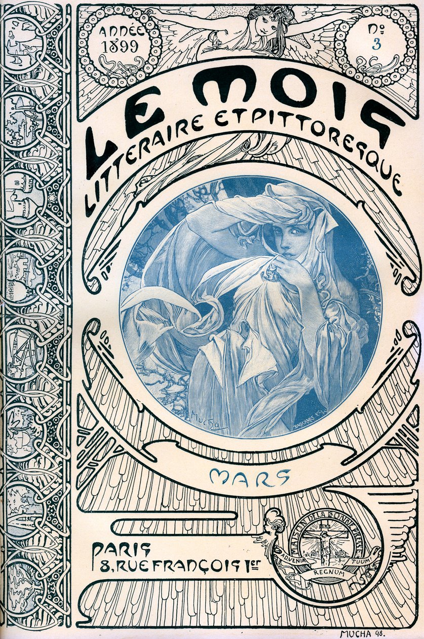 Portada de la revista (revista mensual) El Mes Literario y Pintoresco por Alphonse Mucha (1860-1939): marzo de 1899 - Maison de la Bonne Presse de Alphonse Mucha
