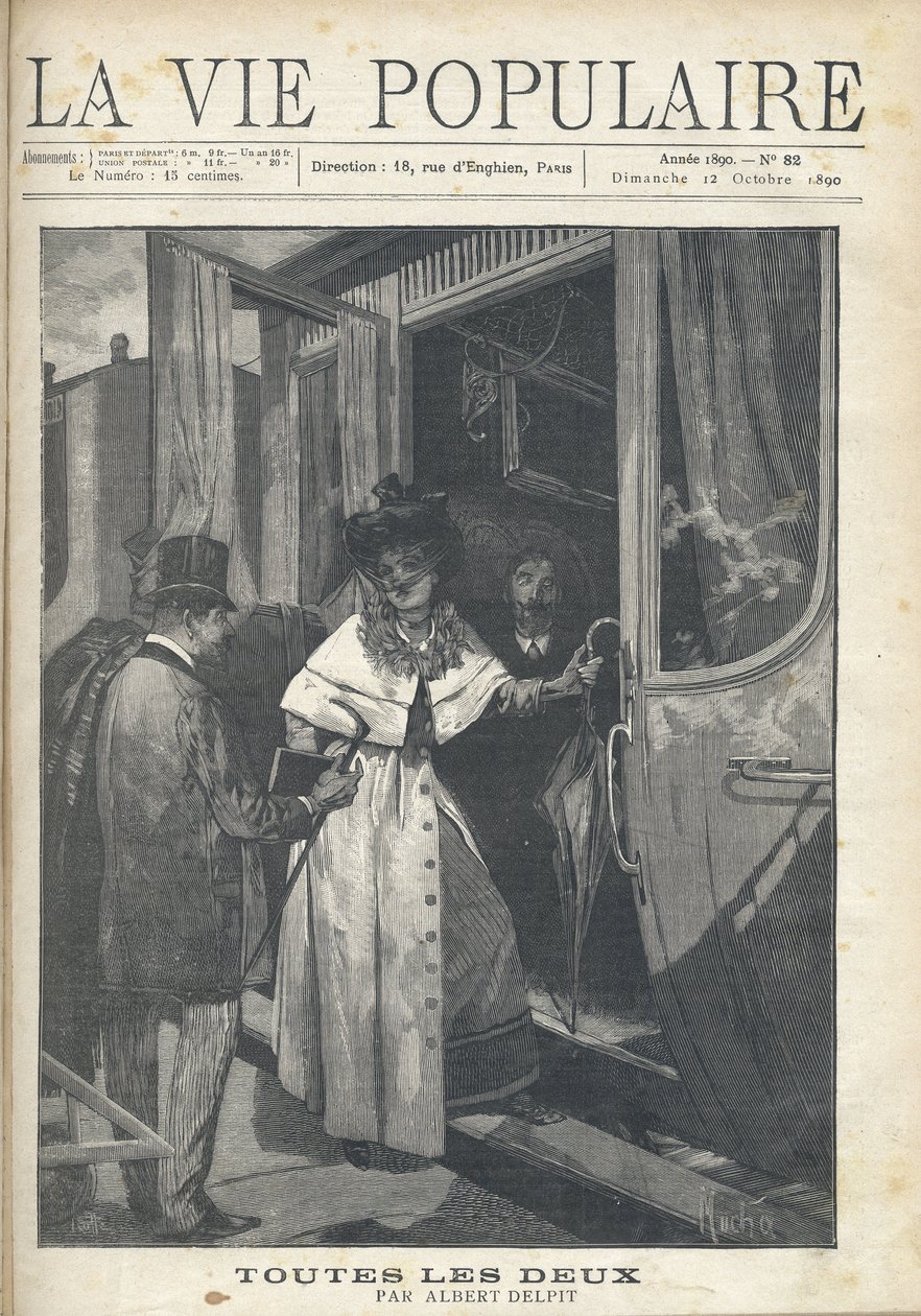 Despedida entre un hombre y una mujer subiendo a un tren en el andén de una estación. Ilustración de Alfons Maria Mucha (Alphonse Maria Mucha) de Alphonse Mucha