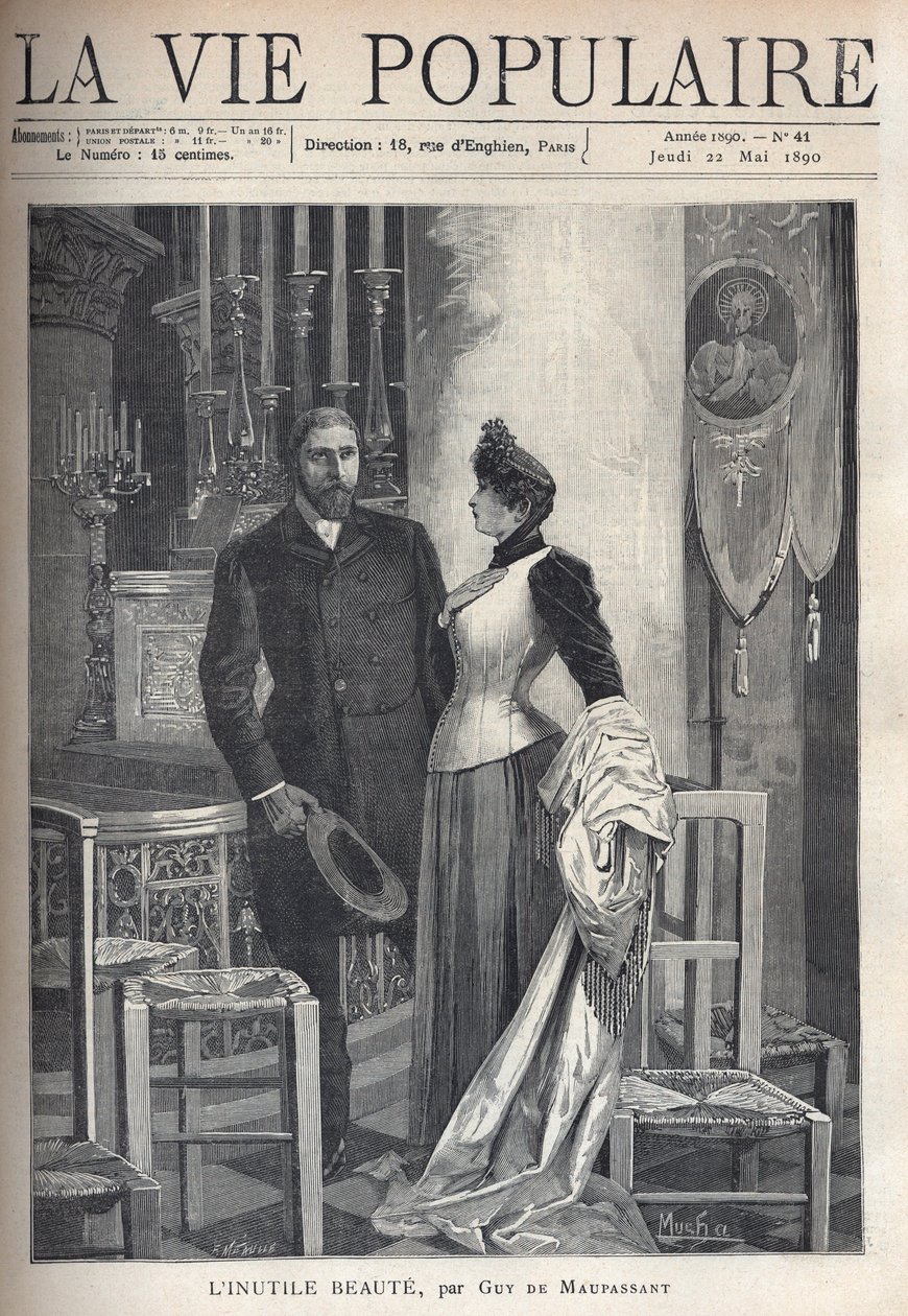En una iglesia, una pareja hermosa y elegante se levanta entre velas y reza a Dios (Ilustración de Alfons Maria Mucha) de Alphonse Mucha