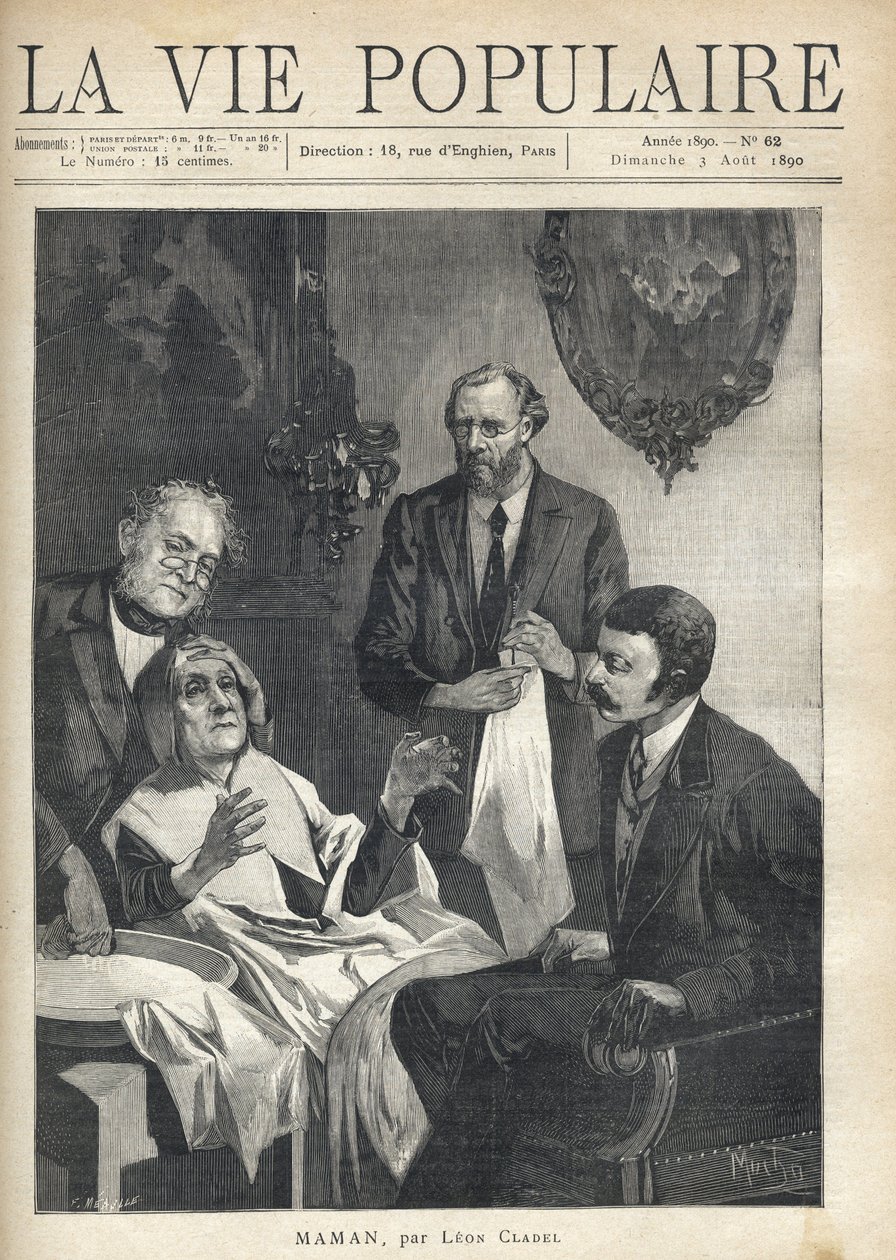 En una sala de estar, una anciana sentada con la cabeza sostenida por un doctor, con las manos abiertas frente a ella, espera a un segundo doctor, de pie a su lado, limpiando un instrumento con un paño blanco, para operarla de cataratas. Sentada frente a e de Alphonse Mucha