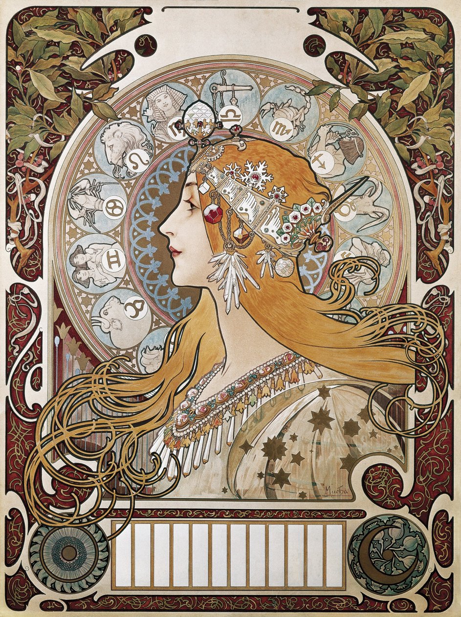 MUCHA, Alphonse Maria (1860-1939). Zodíaco. 1896. (67 x 48 cm). Cartel y calendario publicitarios de la revista "La Plume" (La Pluma). Modernismo. Litografía de Alphonse Marie Mucha