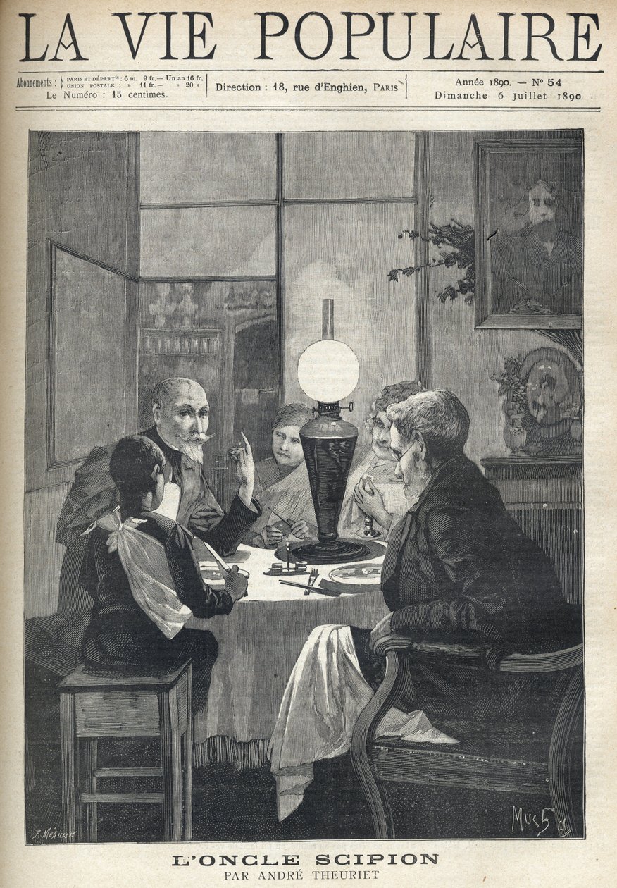 Escena de vida familiar: alrededor de la mesa de la cena, una familia se reúne, iluminada por una lámpara de aceite y escucha atentamente a un tío visitante, con ojos brillantes y mano marcando los puntos destacados de su historia. Ilustración de Alfons Ma de Alphonse Mucha