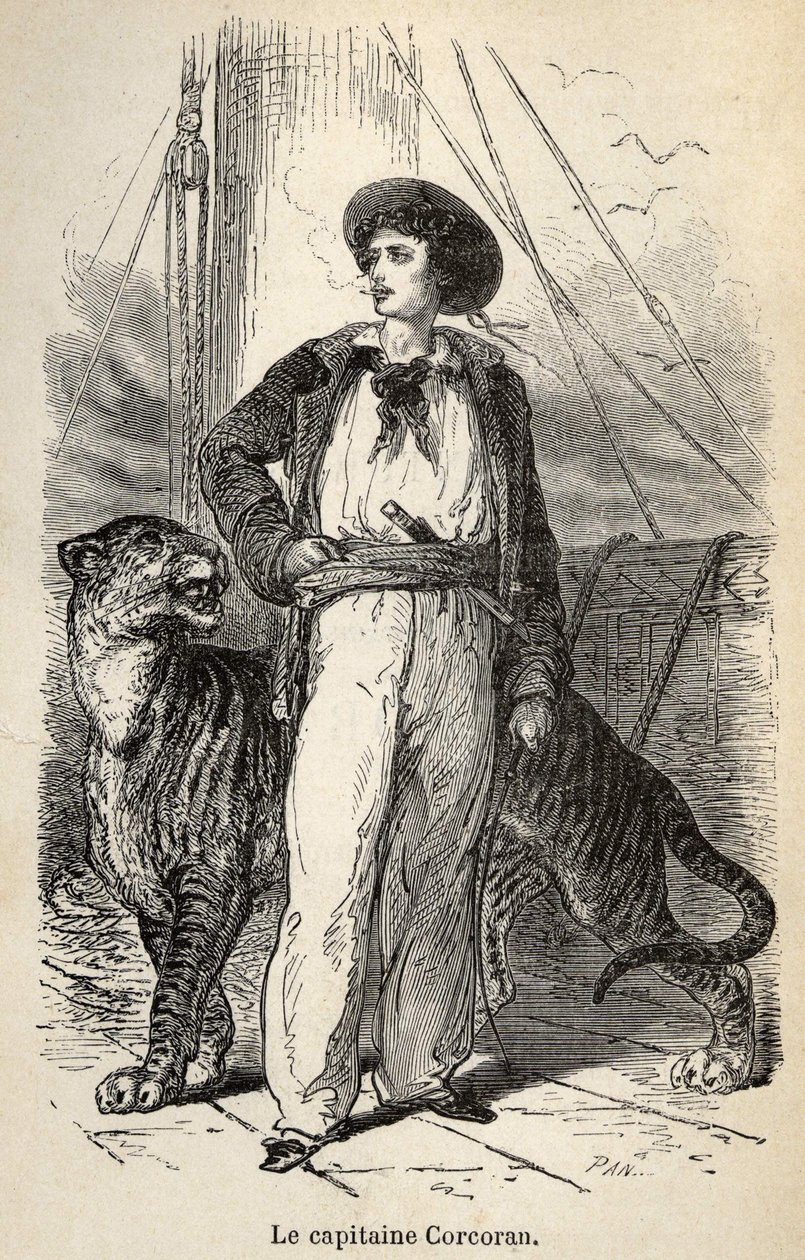 Ilustración de las “Maravillosas pero auténticas Aventuras del Capitán Corcoran” de Alfred Assollant, ilustrado con 25 viñetas dibujadas en madera por A. de Neuville, Librería Hachette et Cie en París de Alphonse Marie de Neuville