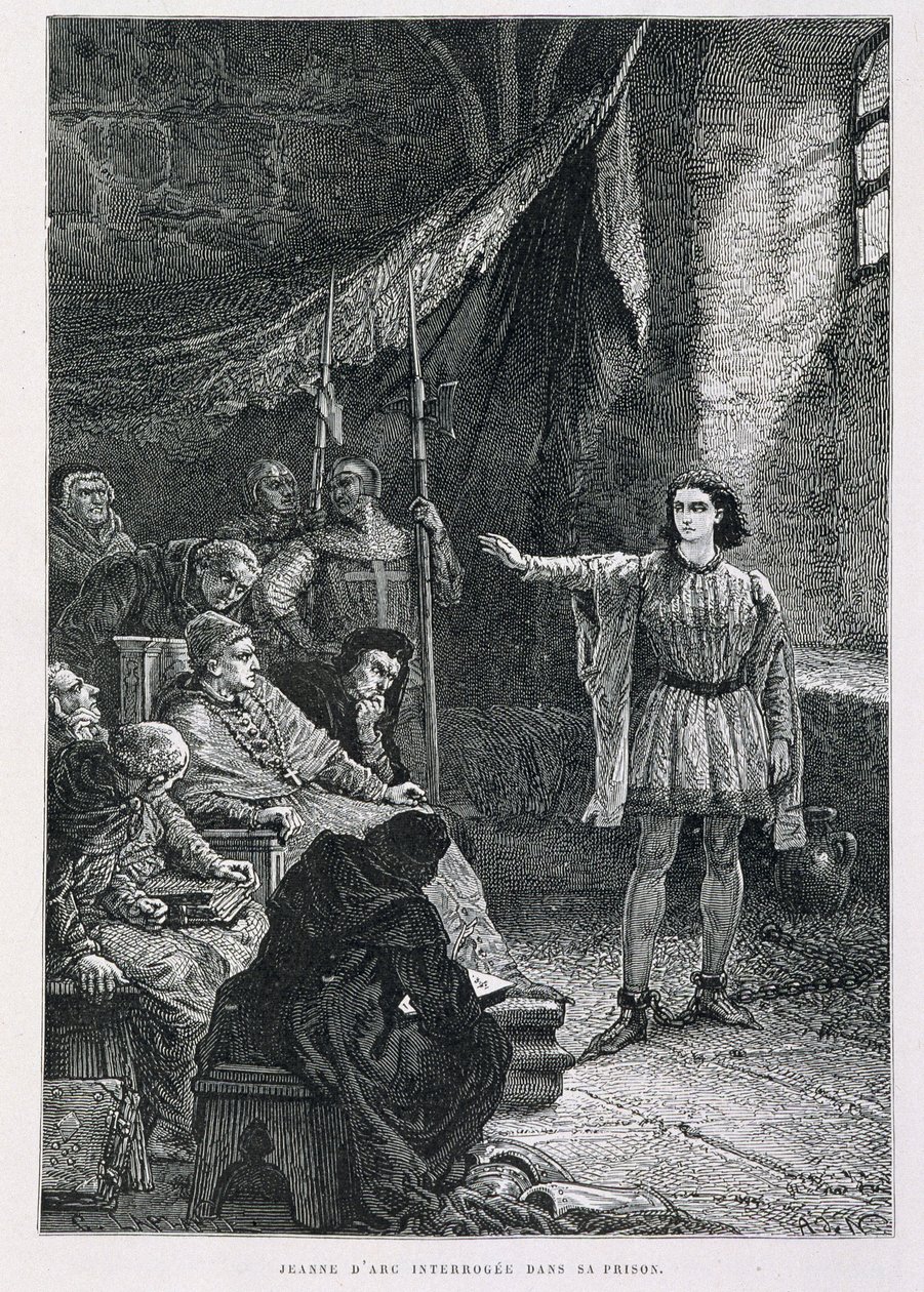 Juana de Arco interrogada en su prisión - en "Historia de Francia" de Guizot, grabado por De Neuville de Alphonse Marie de Neuville