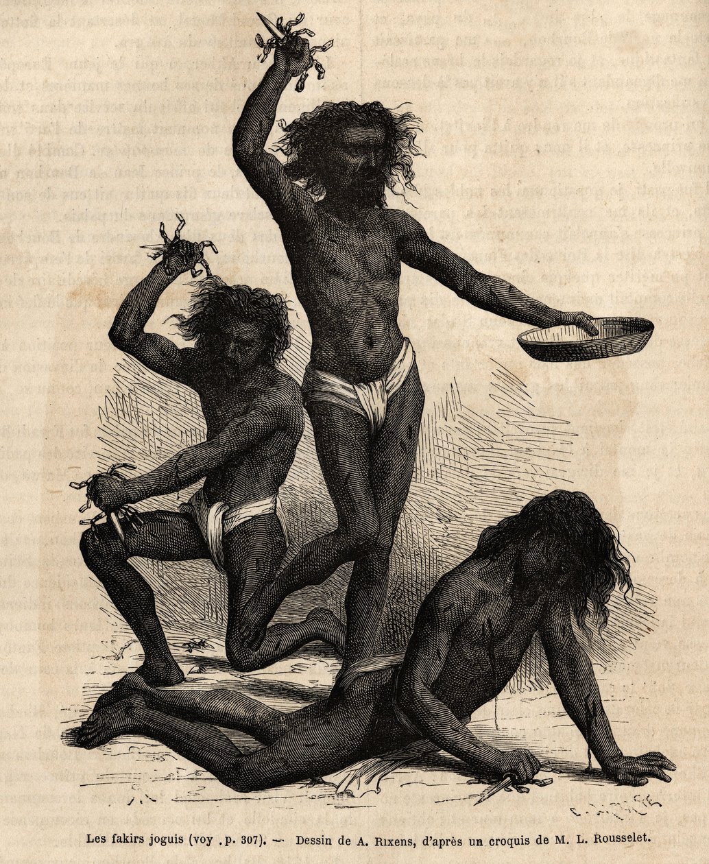 Fakires joguis, en la Feria de Bhopal, son mendigos religiosos que casi desnudos y con el cabello despeinado, deambulan gritando y realizando una especie de danza macabra, manejando largas dagas de acero adornadas con cadenillas de acero, que hunden alucin de Alphonse Marie de Neuville