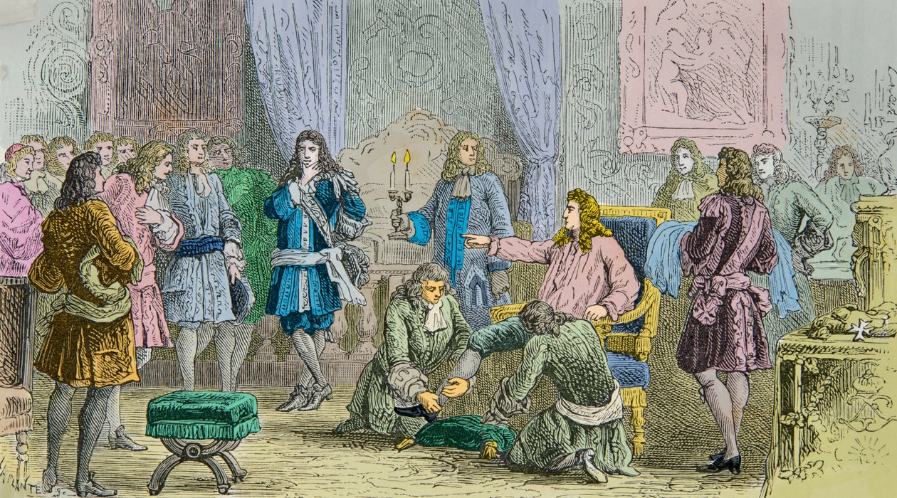 El levantamiento de Luis 14 en presencia de los cortesanos (Grabado) de Alphonse Marie de Neuville