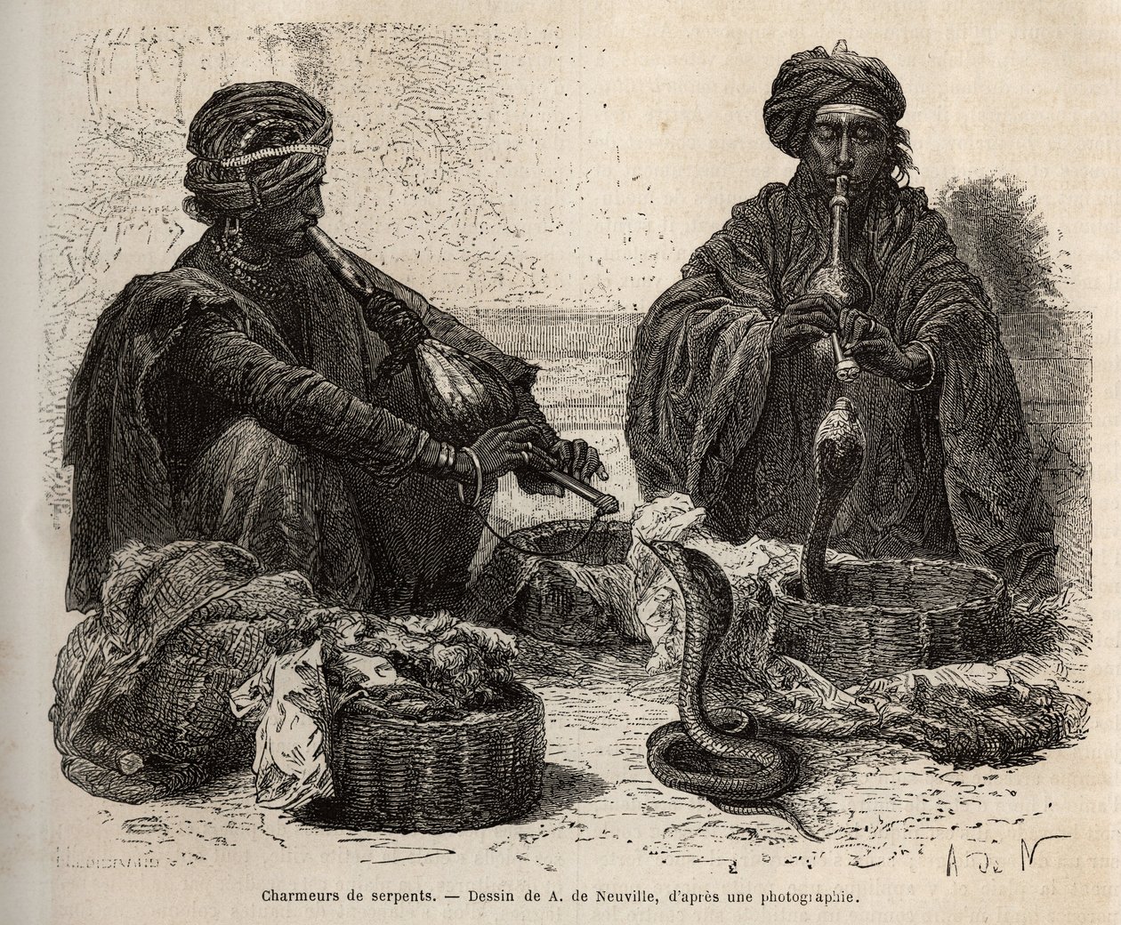 Los encantadores de serpientes, que comercian con reptiles, que atraen soplando en su toumril (flauta), grabado después del dibujo de A. de Neuville, ilustrando el viaje a la India de los Rajahs, en 1864-1868, por Louis Rousselet, publicado en “Le tour du de Alphonse Marie de Neuville