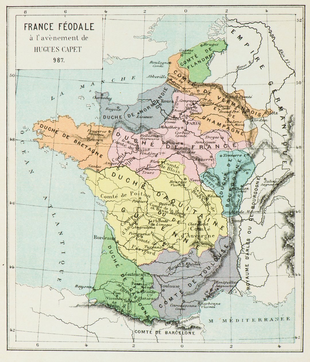 Mapa de Francia en 987 (Grabado) de Alphonse Marie de Neuville