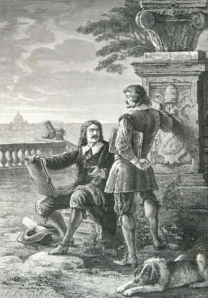 Retrato de Nicolas Poussin y Claude Gellee dit Le Lorrain, en Roma (Grabado) de Alphonse Marie de Neuville