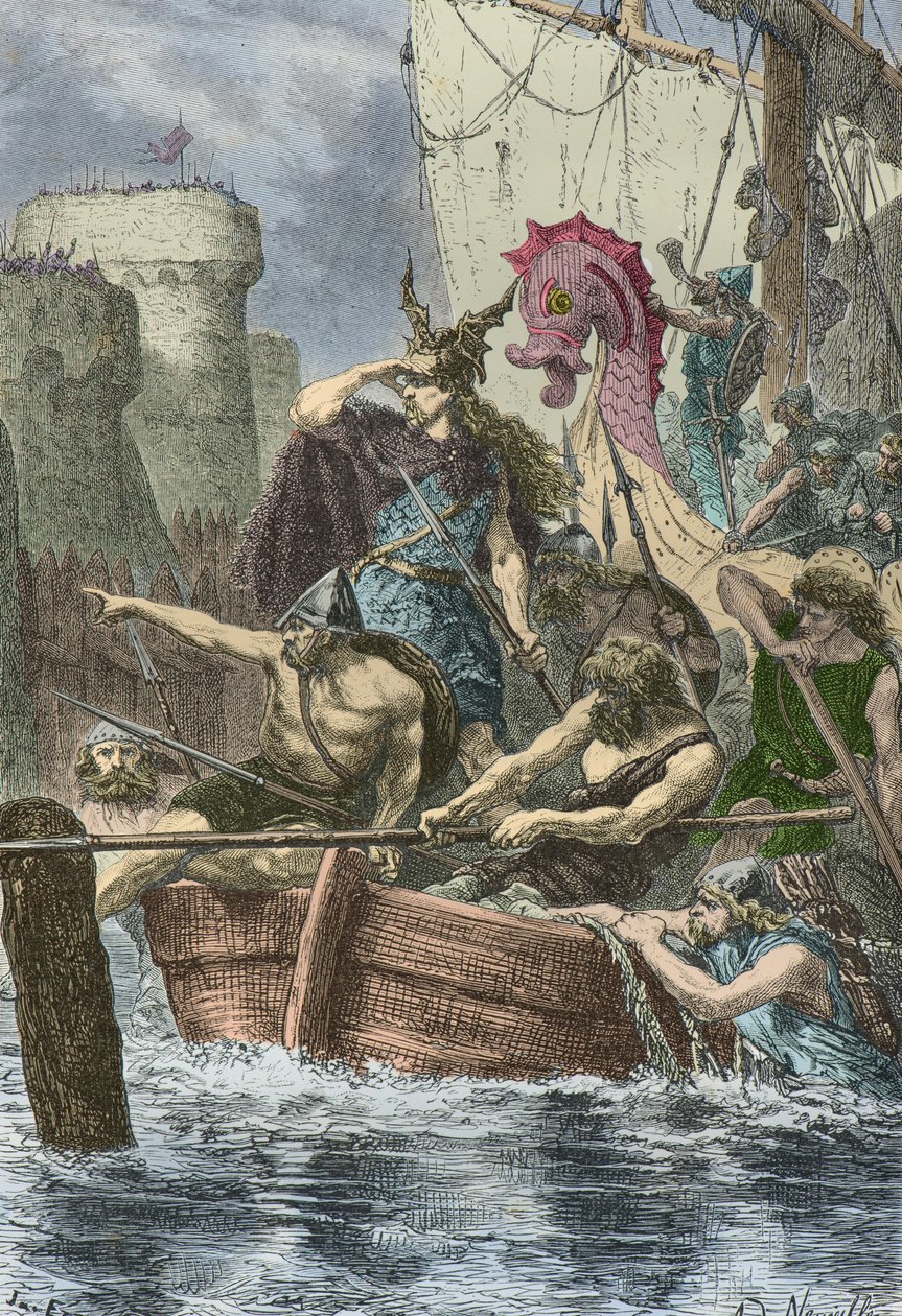 Barcos vikingos de Rollon frente a las murallas de París en 886 (Grabado) de Alphonse Marie de Neuville