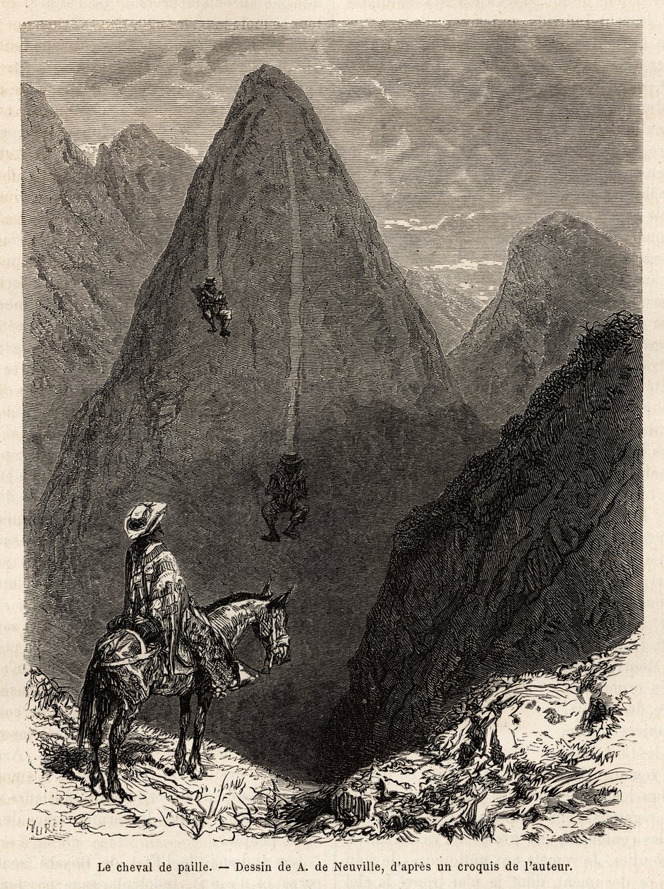 Los indios del estado de Boyacá, descendiendo una montaña cubierta de hierba en caballos de paja, consistentes en un manojo de hierba larga sobre el cual uno se sienta a horcajadas para descender las pendientes a toda velocidad, solo por la fuerza de la gr de Alphonse Marie de Neuville