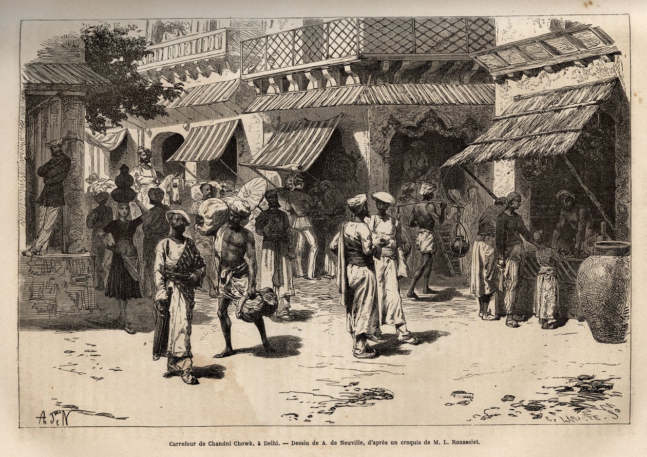 La encrucijada de Chandni Chowk, la calle de los gusanos de oro, la principal arteria de actividades comerciales y artesanales, que cruza Delhi desde la gran puerta del palacio hasta la puerta de Lahore, grabado según el dibujo de A. de Neuville, ilustrand de Alphonse Marie de Neuville