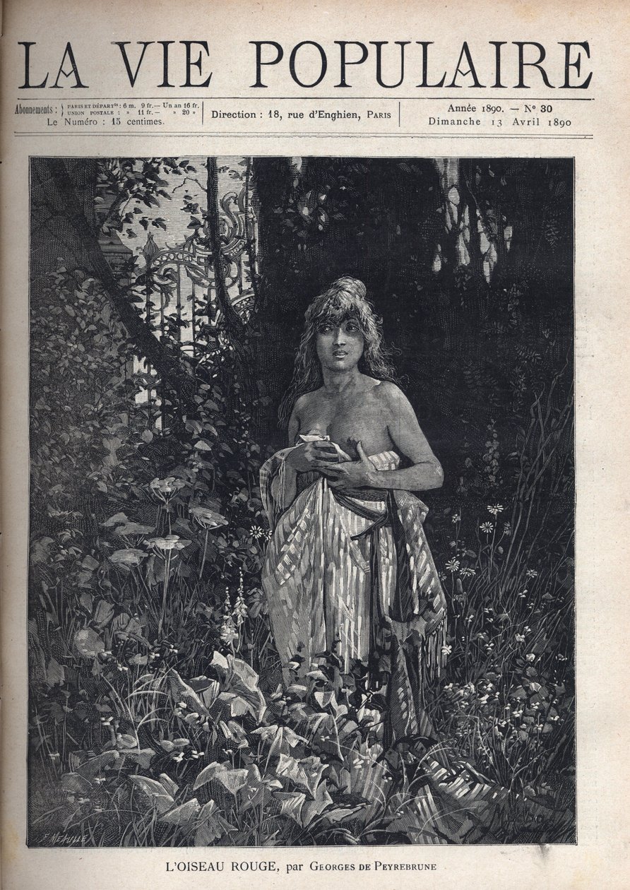 Una joven desnuda, de pie y despeinada, cubriendo su cuerpo con una manta, rodeada de vegetación y árboles que ocultan una reja de hierro forjado. Ilustración de Alfons Maria Mucha (Alphonse Marie Mucha) de Alphonse Mucha