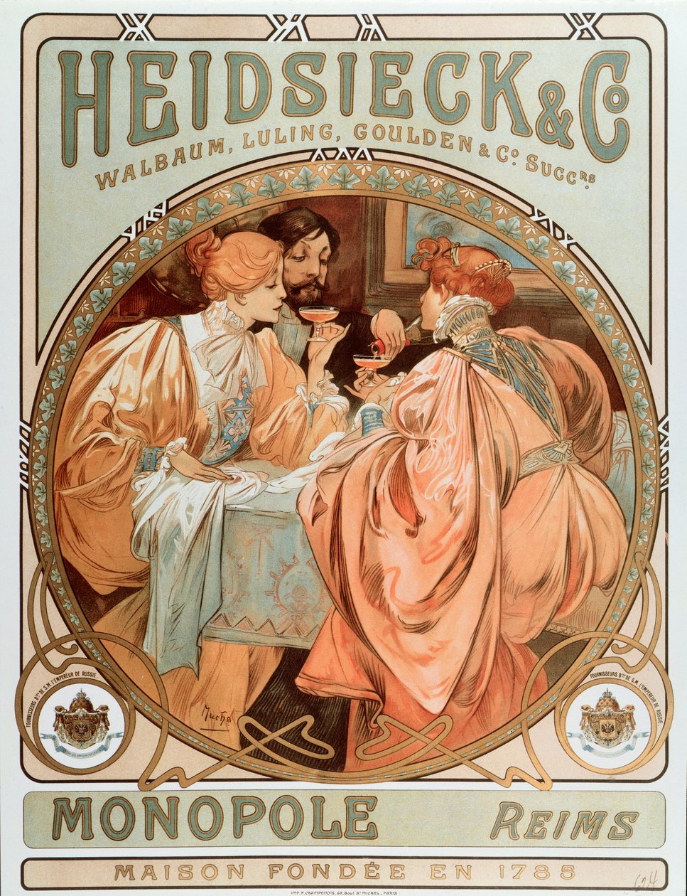 Cartel publicitario para "Heidsieck y co" Maison de Champagne Charles Heidsieck, litografía de Alphonse Mucha (1860-1939) 1901 de Alphonse Mucha